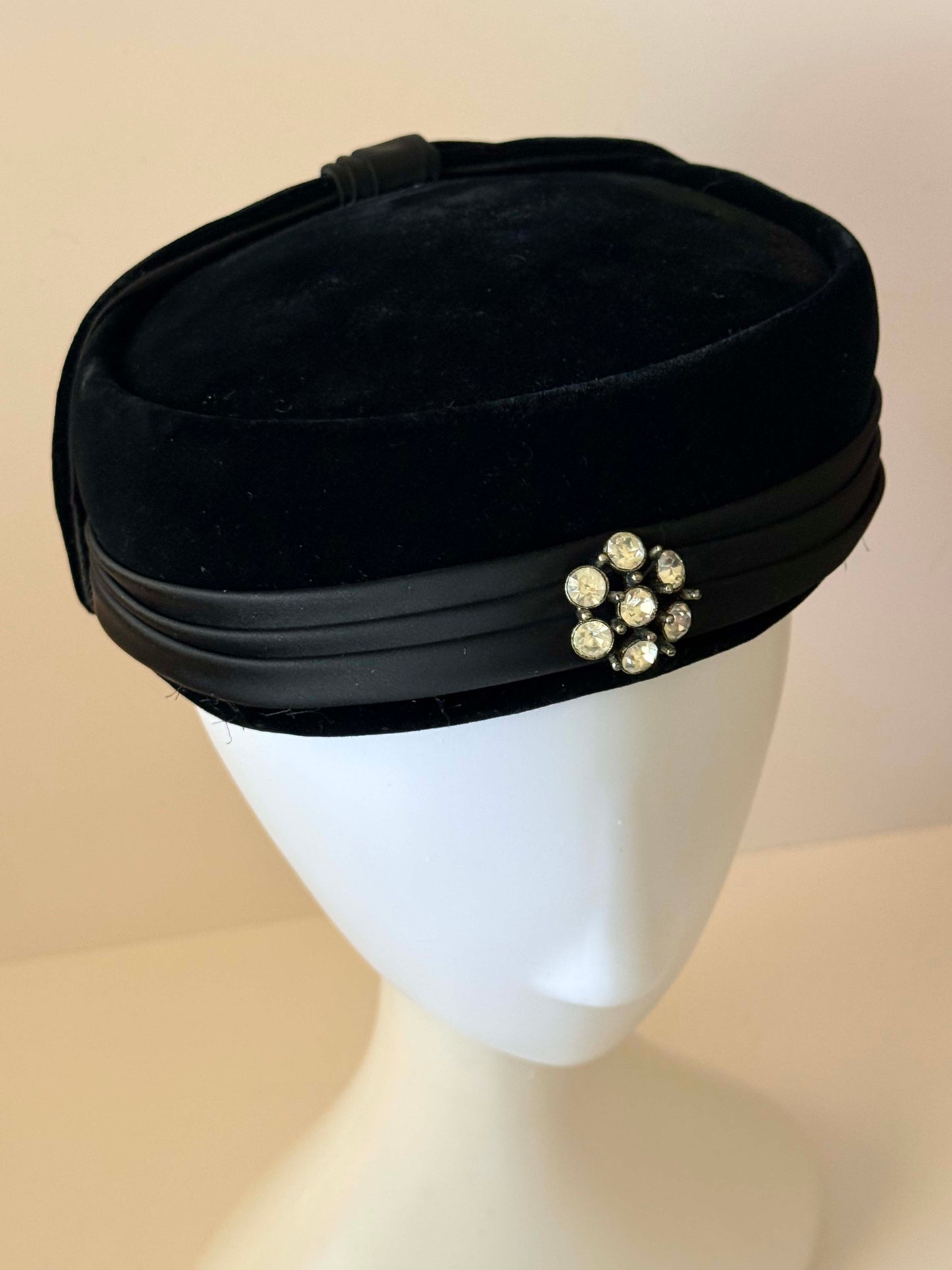 Vintage Black Velvet Pillbox Hat with Rhinestone Brooch | 1960s Cocktail Hat | Style-Kraft Dallas Millinery | Elegant Evening Fascinator
