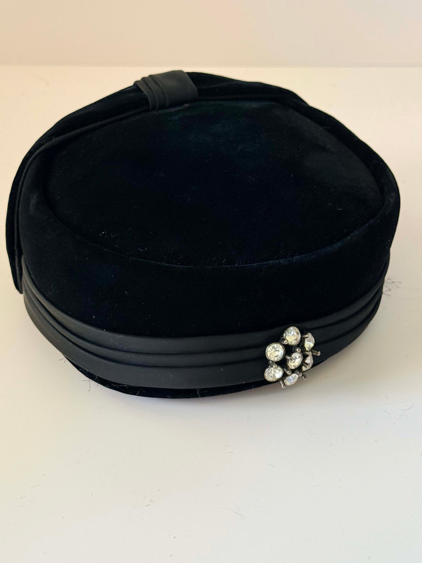 Vintage Black Velvet Pillbox Hat with Rhinestone Brooch | 1960s Cocktail Hat | Style-Kraft Dallas Millinery | Elegant Evening Fascinator