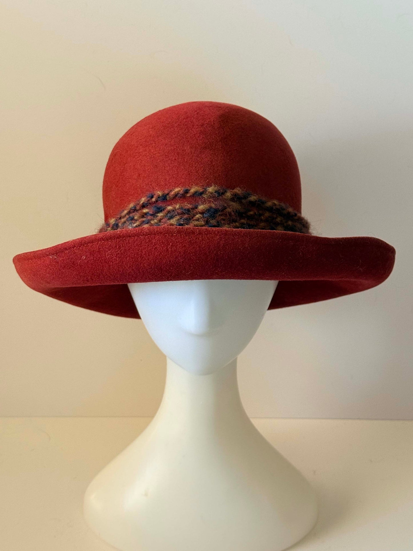 Vintage Frank Olive Rust Red Wool Felt Hat | Wide Brim Cloche Hat | Designer Millinery | 1970s Statement Hat