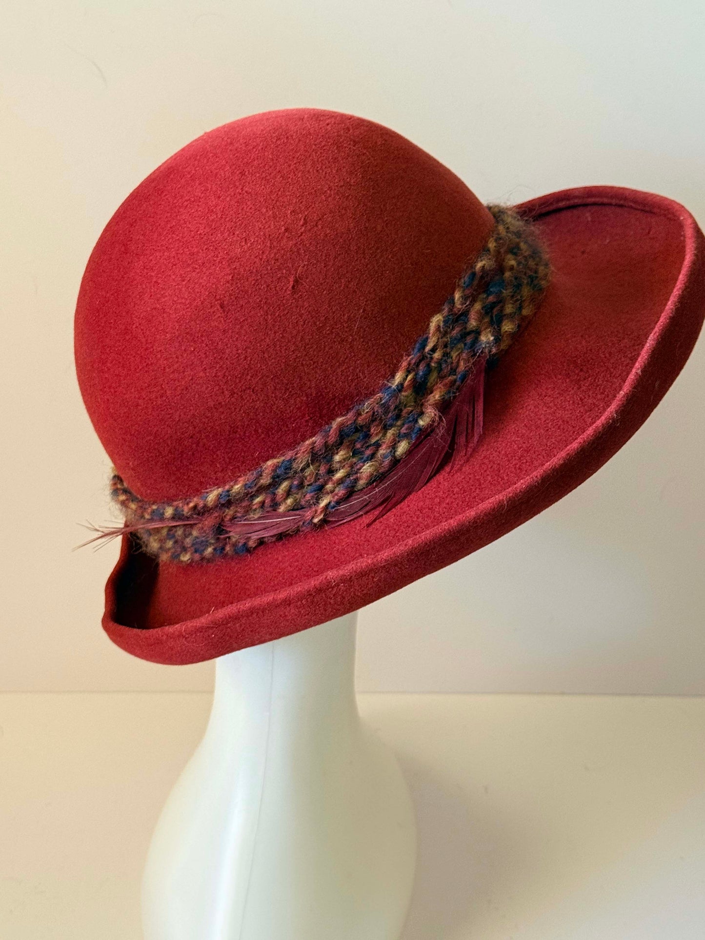 Vintage Frank Olive Rust Red Wool Felt Hat | Wide Brim Cloche Hat | Designer Millinery | 1970s Statement Hat