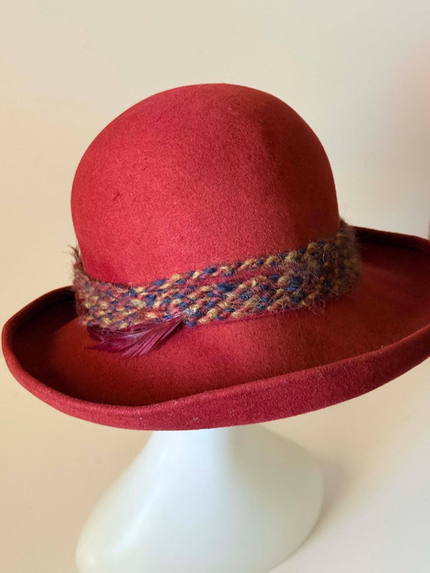 Vintage Frank Olive Rust Red Wool Felt Hat | Wide Brim Cloche Hat | Designer Millinery | 1970s Statement Hat