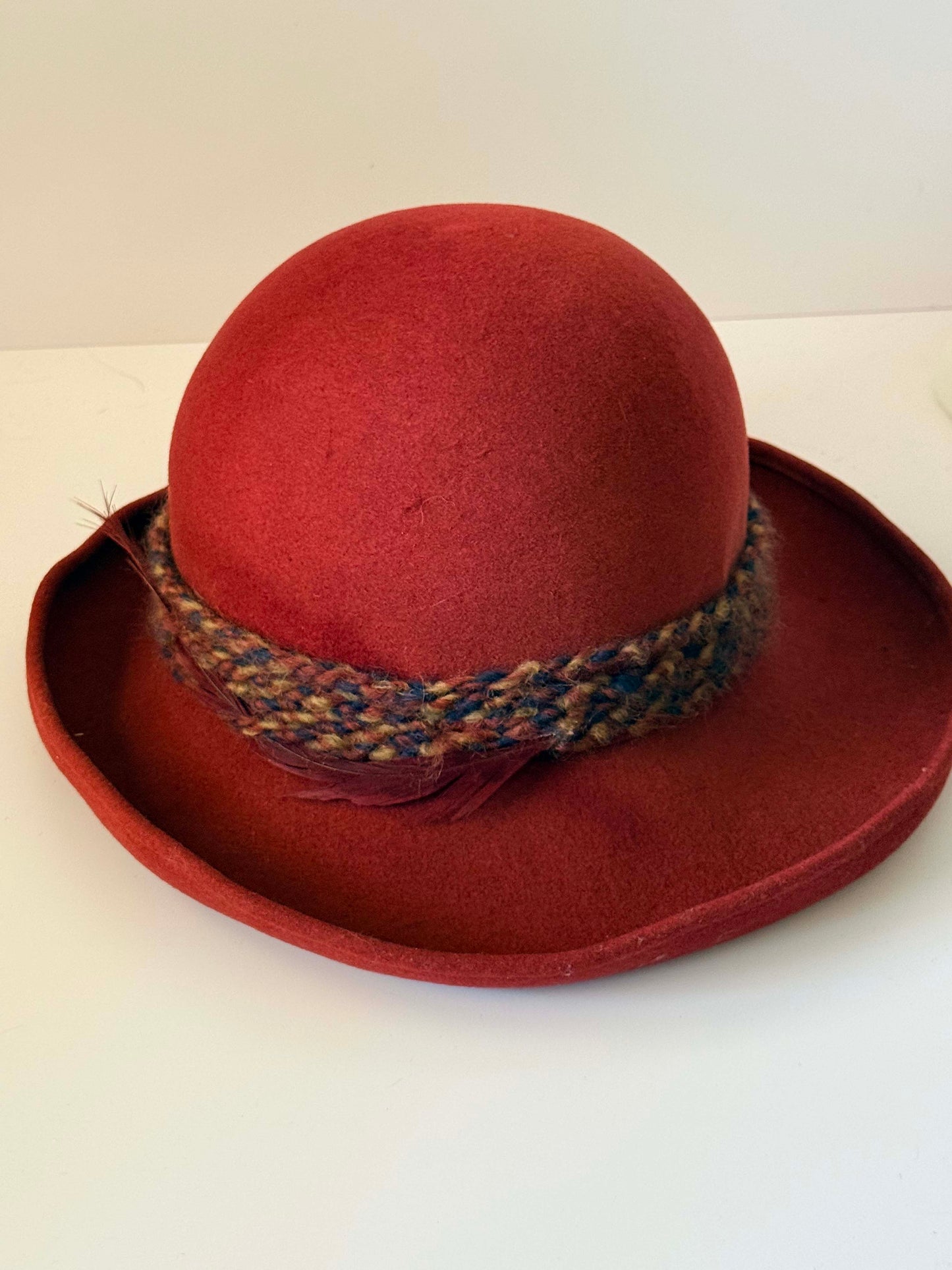 Vintage Frank Olive Rust Red Wool Felt Hat | Wide Brim Cloche Hat | Designer Millinery | 1970s Statement Hat