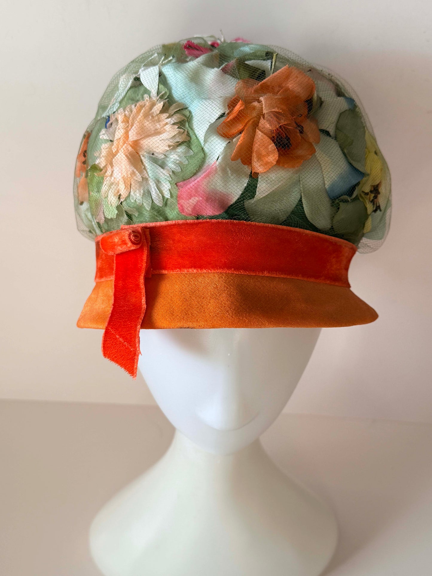 Vintage Roberta Bernays Floral Hat | 1960s Garden Party Hat | Velvet Brim Cloche | Floral Cocktail Hat | Spring Millinery