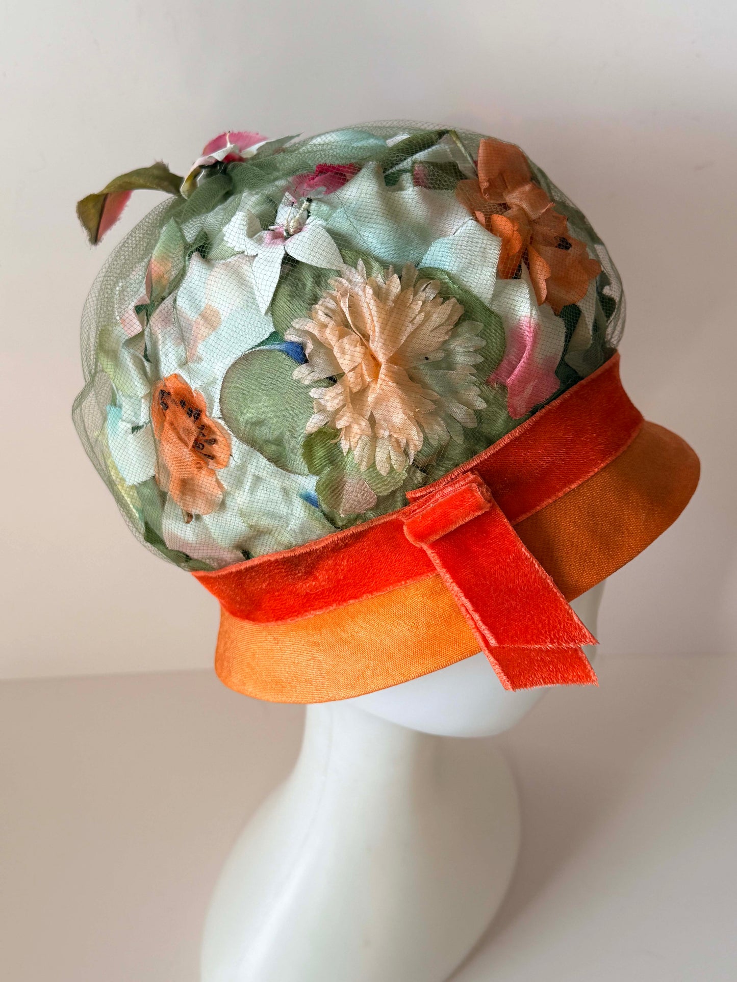 Vintage Roberta Bernays Floral Hat | 1960s Garden Party Hat | Velvet Brim Cloche | Floral Cocktail Hat | Spring Millinery