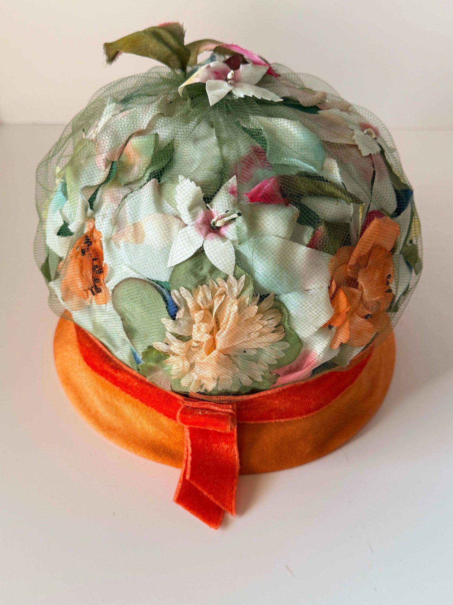 Vintage Roberta Bernays Floral Hat | 1960s Garden Party Hat | Velvet Brim Cloche | Floral Cocktail Hat | Spring Millinery