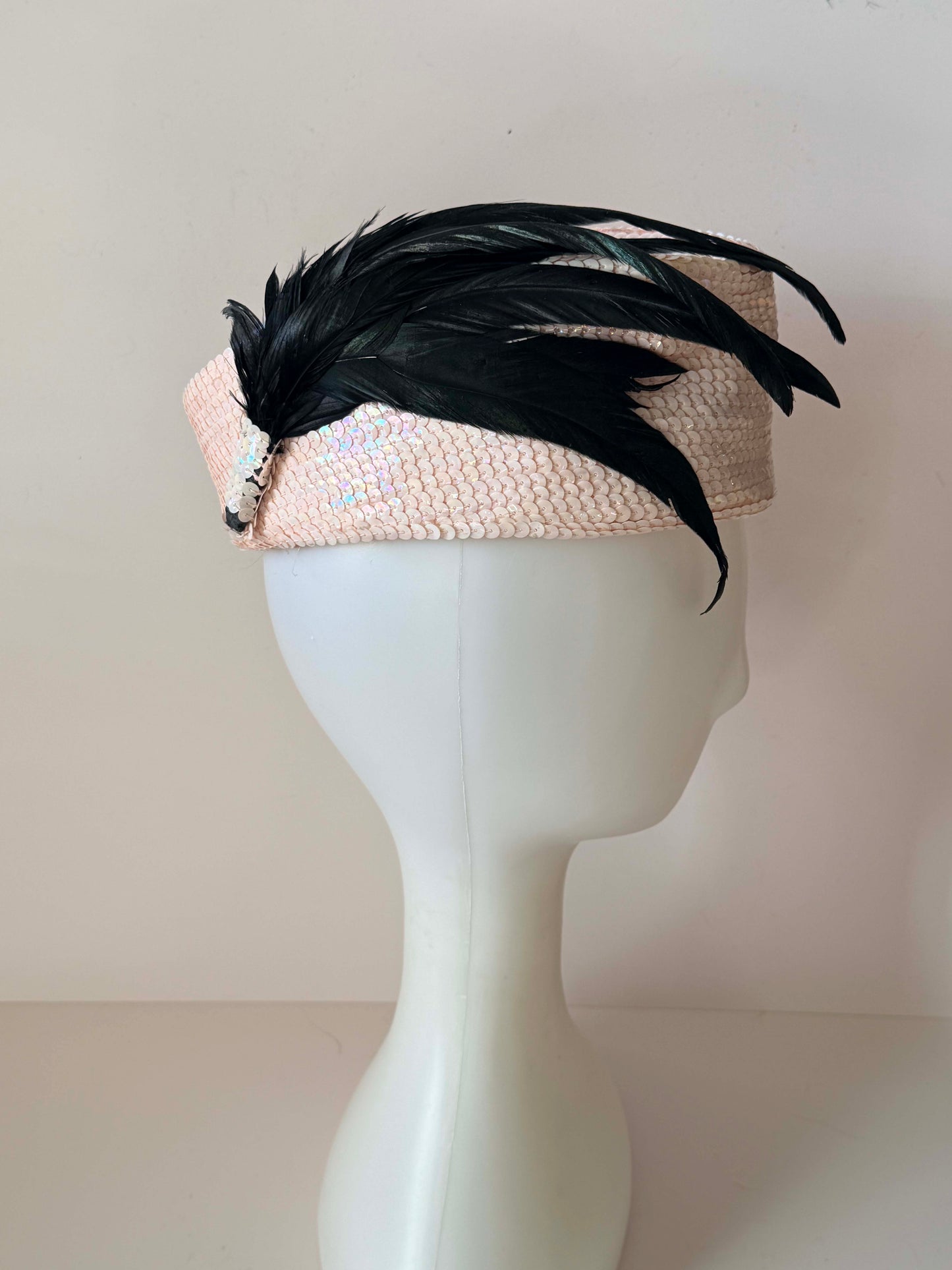 Vintage Pink Sequin Cocktail Hat | Feather Fascinator Hat | 1960s Pillbox Hat | Wedding Guest Hat | Mid Century Evening Hat