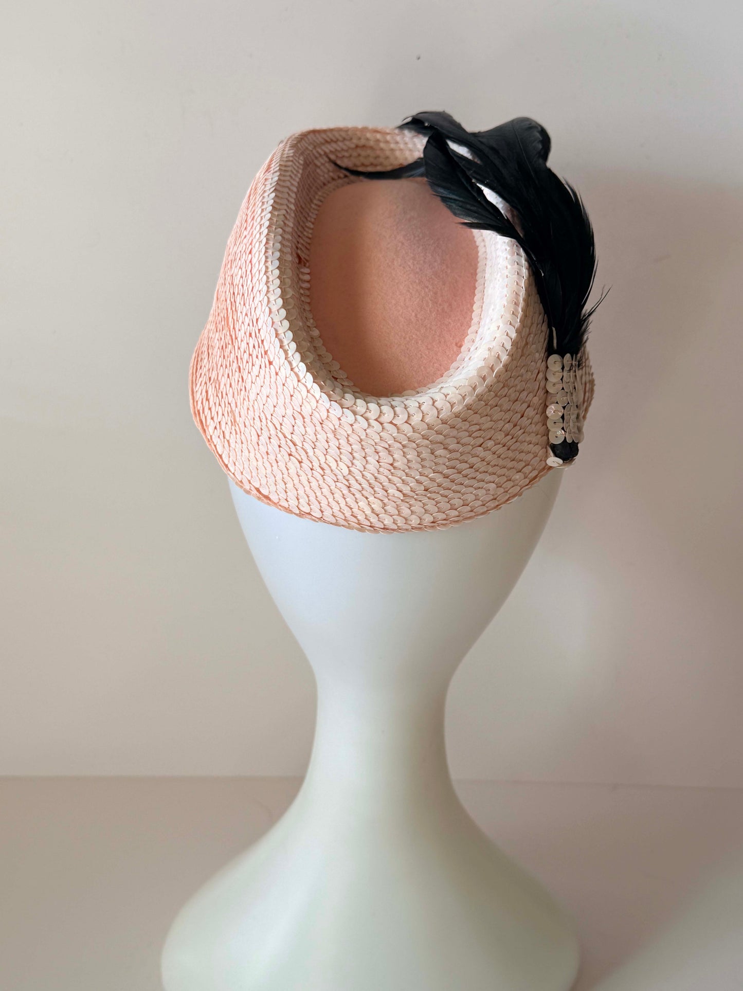 Vintage Pink Sequin Cocktail Hat | Feather Fascinator Hat | 1960s Pillbox Hat | Wedding Guest Hat | Mid Century Evening Hat