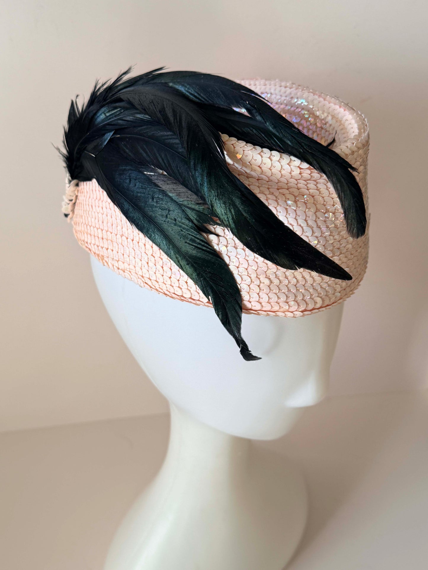 Vintage Pink Sequin Cocktail Hat | Feather Fascinator Hat | 1960s Pillbox Hat | Wedding Guest Hat | Mid Century Evening Hat