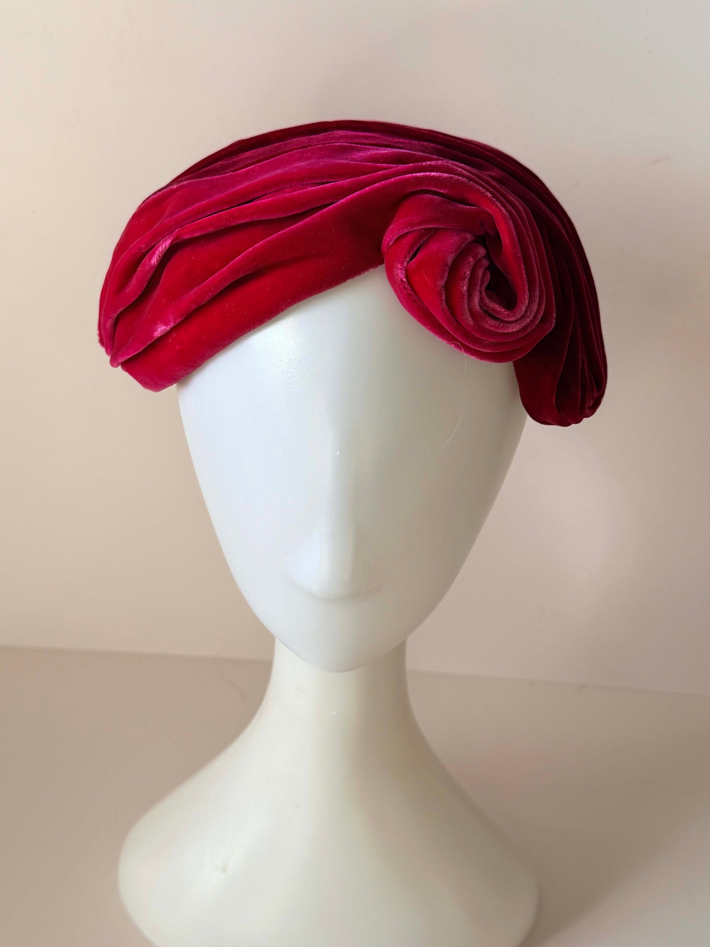 Vintage Red Velvet Turban Hat | 1950s Velvet Cocktail Hat | Sculptural Rose Detail | Old Hollywood Glamour | Statement Millinery