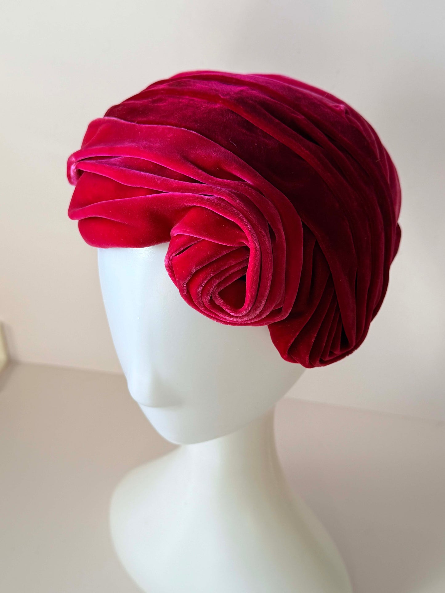 Vintage Red Velvet Turban Hat | 1950s Velvet Cocktail Hat | Sculptural Rose Detail | Old Hollywood Glamour | Statement Millinery