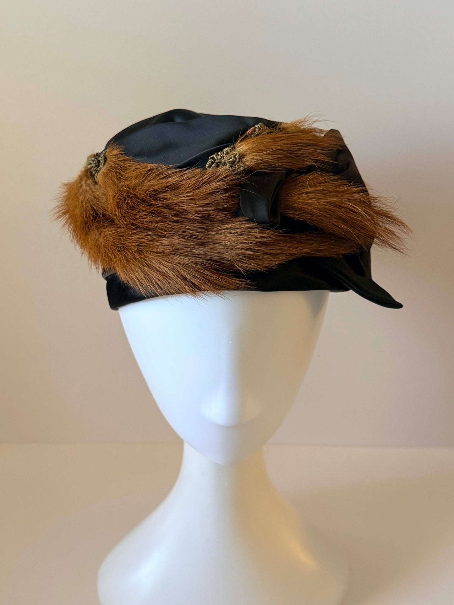 Vintage Fur Trim Satin Pillbox Hat | 1960s Mink Fur Cocktail Hat | Black Satin Winter Hat | Mid Century Glamour Millinery