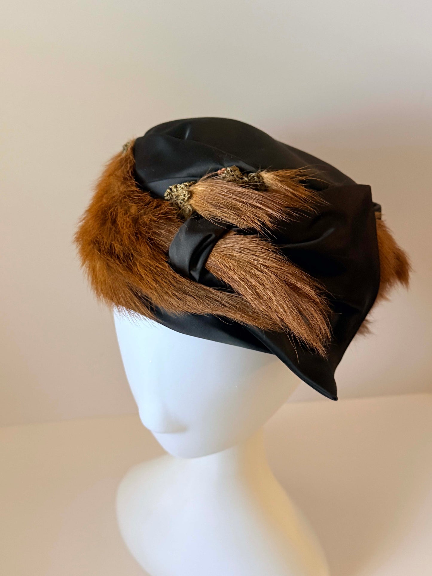 Vintage Fur Trim Satin Pillbox Hat | 1960s Mink Fur Cocktail Hat | Black Satin Winter Hat | Mid Century Glamour Millinery
