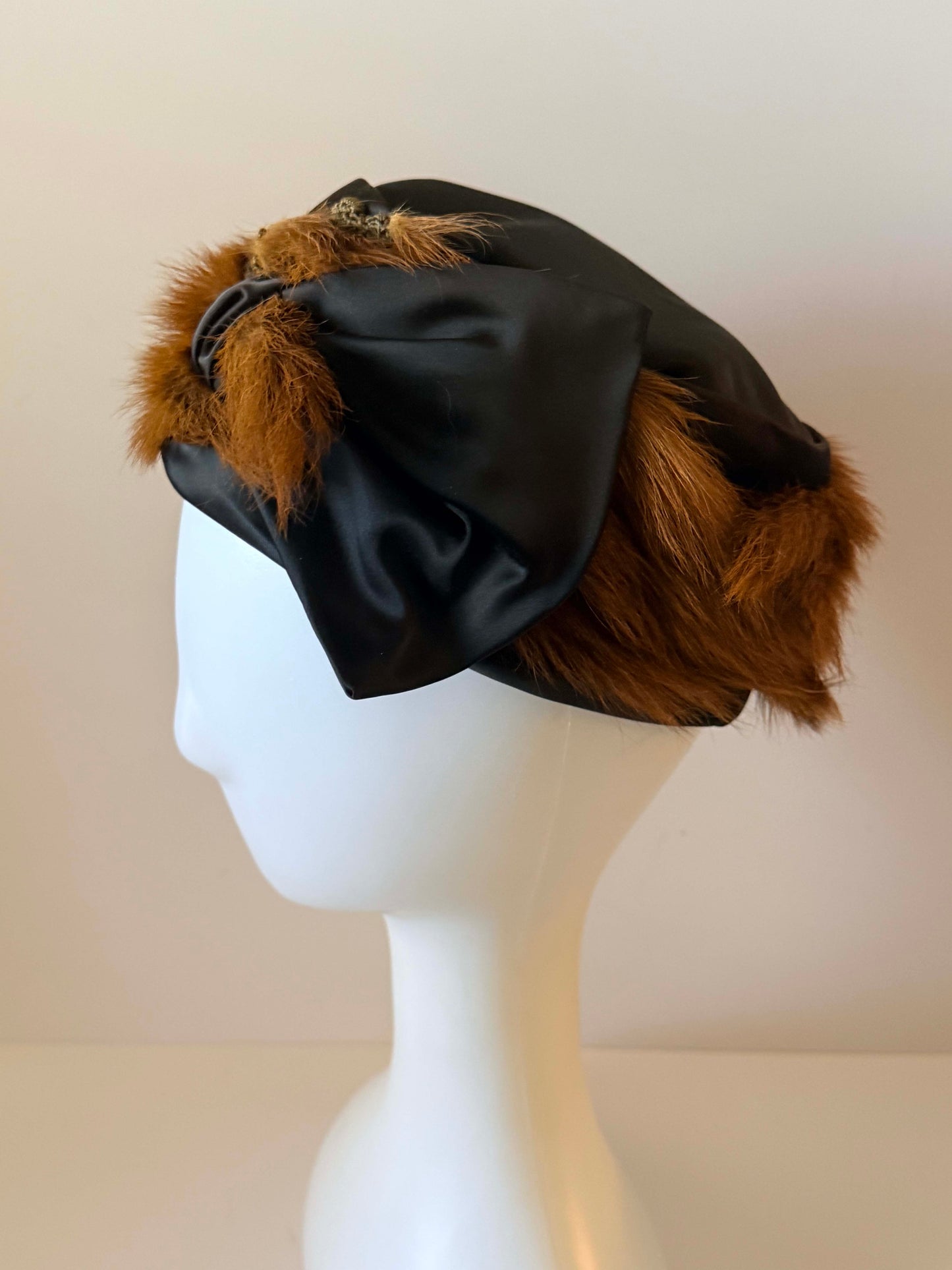 Vintage Fur Trim Satin Pillbox Hat | 1960s Mink Fur Cocktail Hat | Black Satin Winter Hat | Mid Century Glamour Millinery