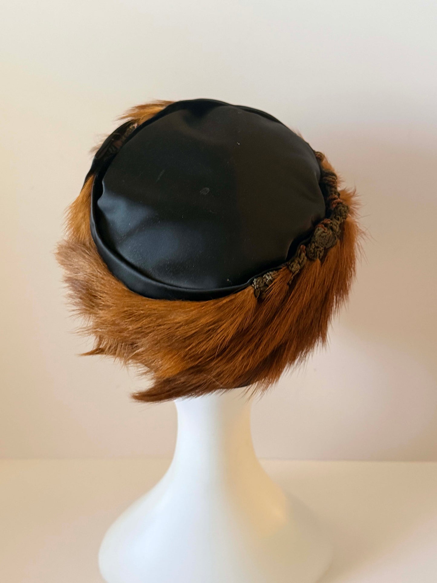 Vintage Fur Trim Satin Pillbox Hat | 1960s Mink Fur Cocktail Hat | Black Satin Winter Hat | Mid Century Glamour Millinery