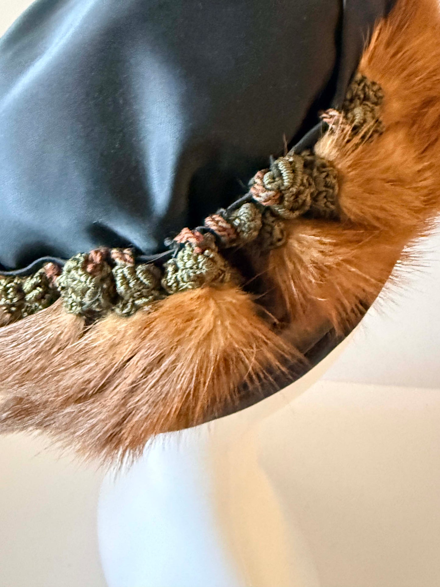 Vintage Fur Trim Satin Pillbox Hat | 1960s Mink Fur Cocktail Hat | Black Satin Winter Hat | Mid Century Glamour Millinery