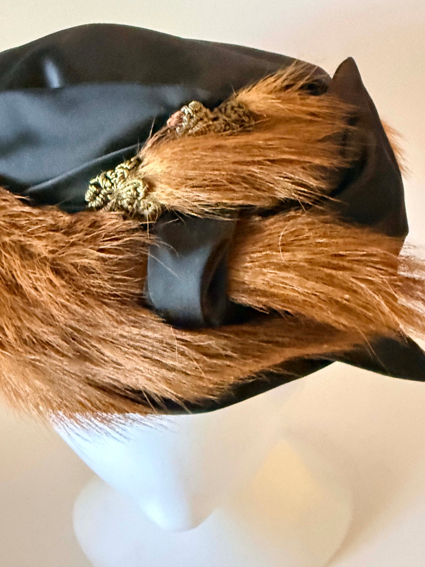 Vintage Fur Trim Satin Pillbox Hat | 1960s Mink Fur Cocktail Hat | Black Satin Winter Hat | Mid Century Glamour Millinery
