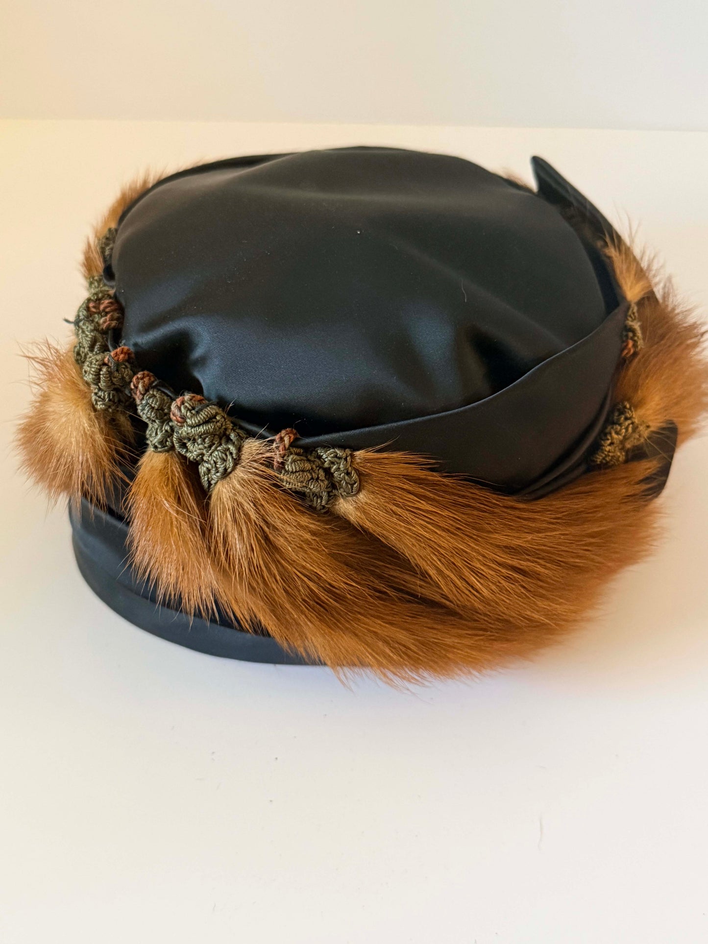 Vintage Fur Trim Satin Pillbox Hat | 1960s Mink Fur Cocktail Hat | Black Satin Winter Hat | Mid Century Glamour Millinery