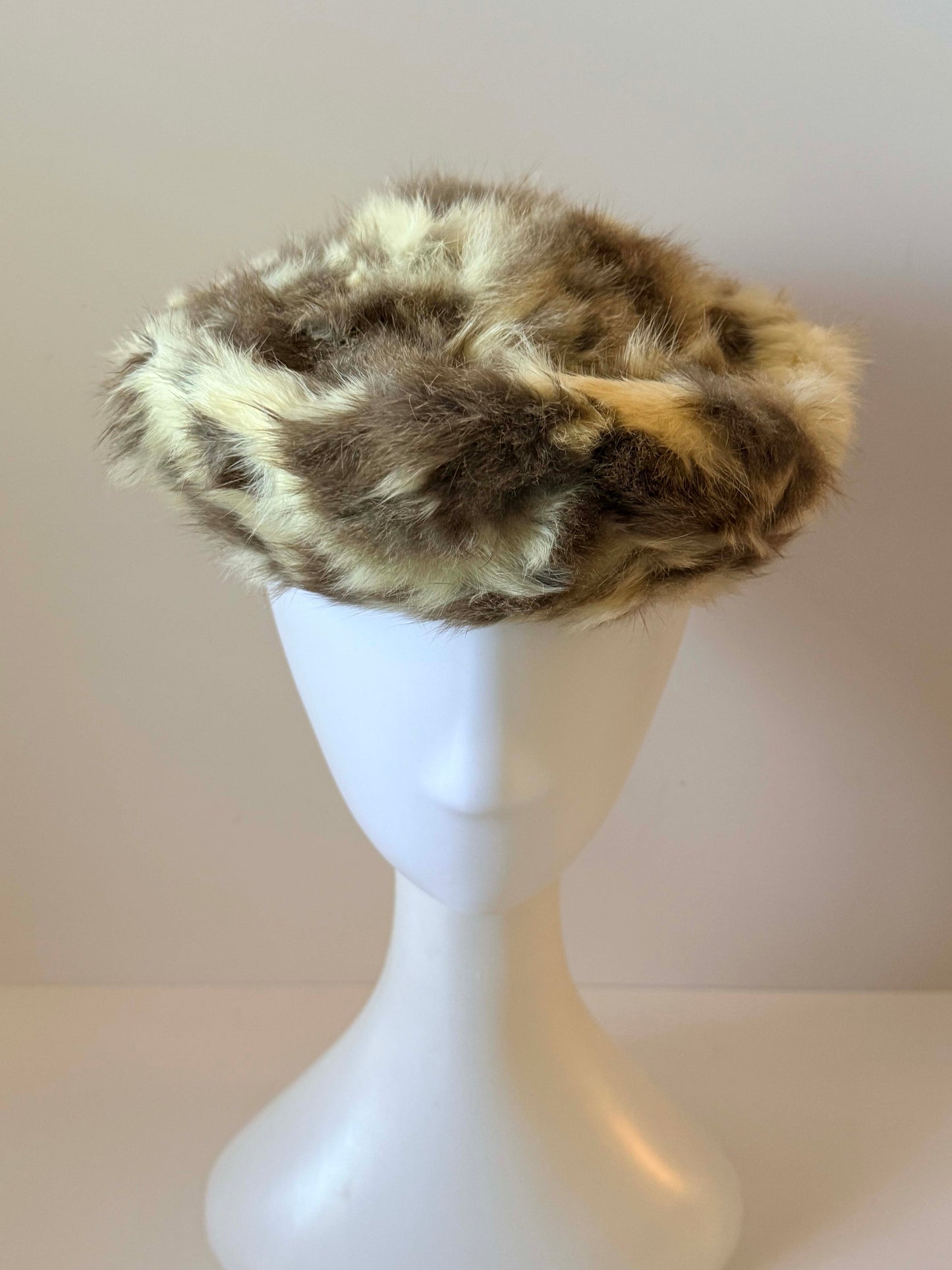 Vintage Rabbit Fur Pillbox Hat | Cream and Gray Fur Cocktail Hat | 1960s Winter Hat | Mid Century Fur Millinery | Luxe Vintage Winter Fashion