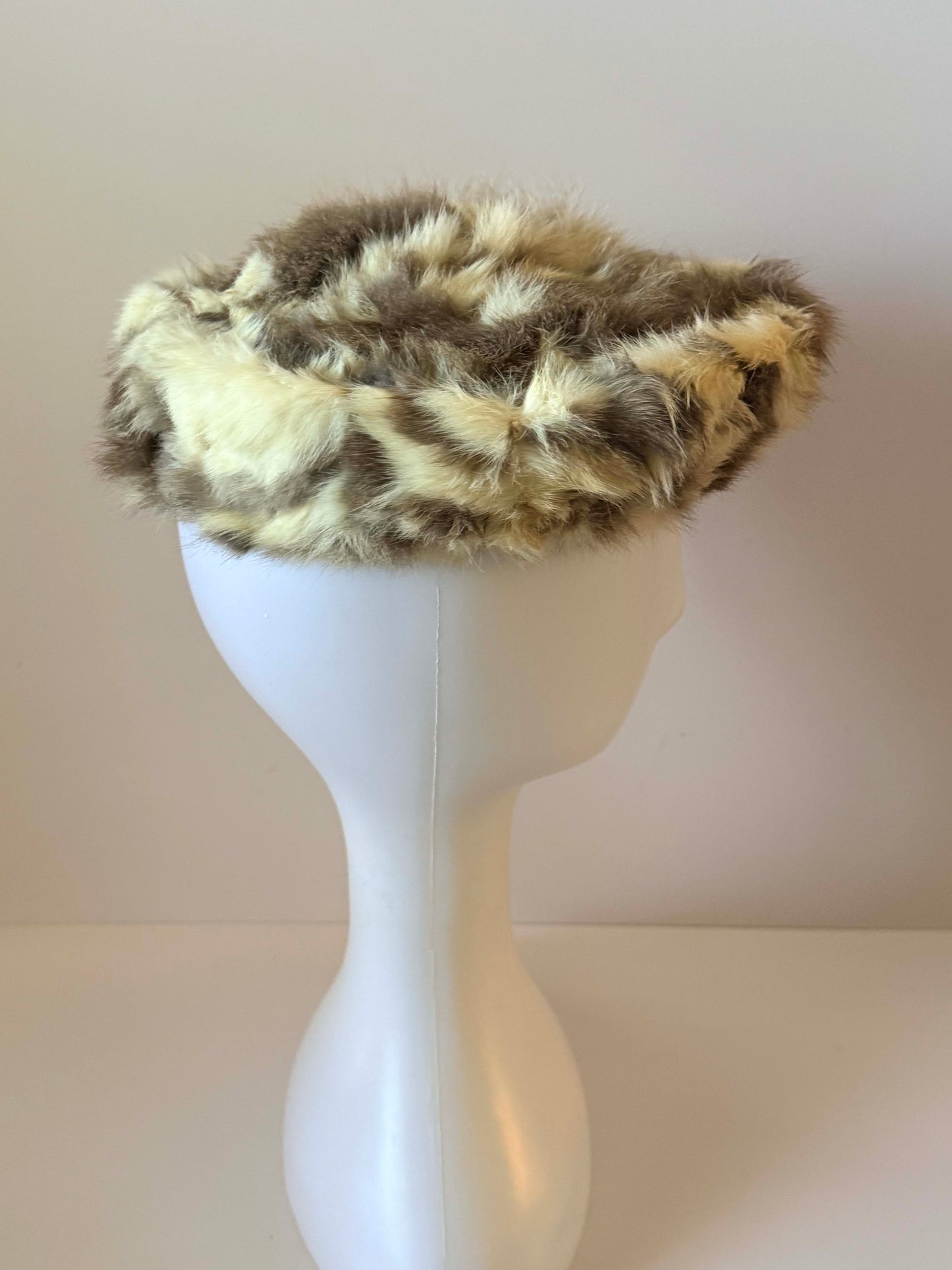Vintage Rabbit Fur Pillbox Hat | Cream and Gray Fur Cocktail Hat | 1960s Winter Hat | Mid Century Fur Millinery | Luxe Vintage Winter Fashion