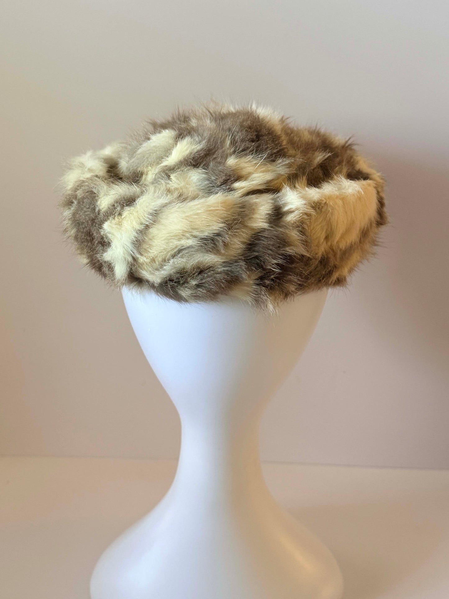 Vintage Rabbit Fur Pillbox Hat | Cream and Gray Fur Cocktail Hat | 1960s Winter Hat | Mid Century Fur Millinery | Luxe Vintage Winter Fashion