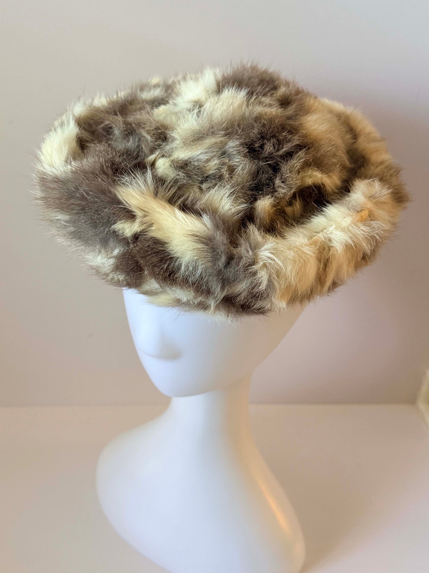 Vintage Rabbit Fur Pillbox Hat | Cream and Gray Fur Cocktail Hat | 1960s Winter Hat | Mid Century Fur Millinery | Luxe Vintage Winter Fashion