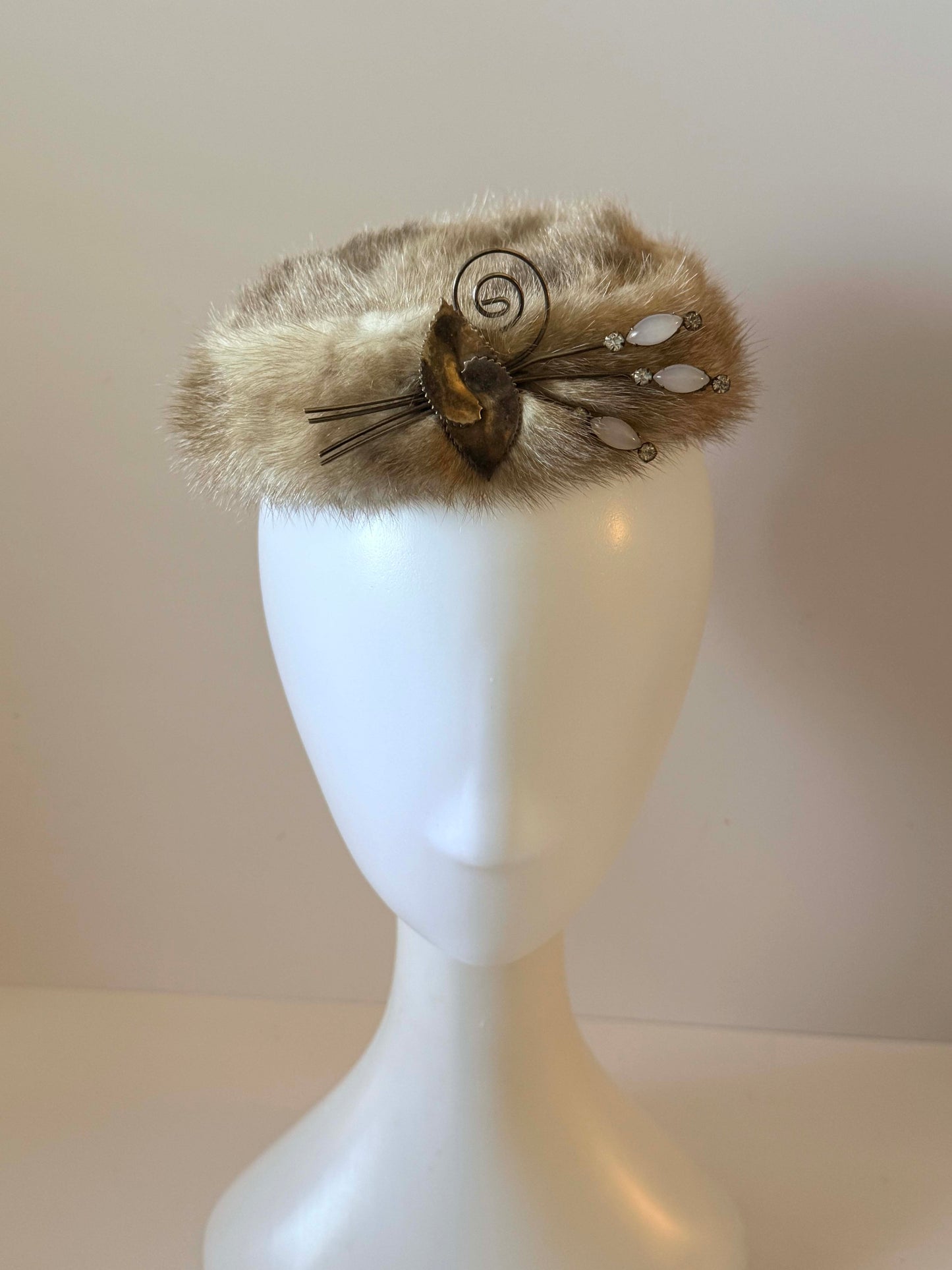 Vintage Mink Fur Pillbox Hat | 1960s Fur Cocktail Hat | Mid Century Winter Hat | Rhinestone Fur Fascinator | Retro Glamour Millinery