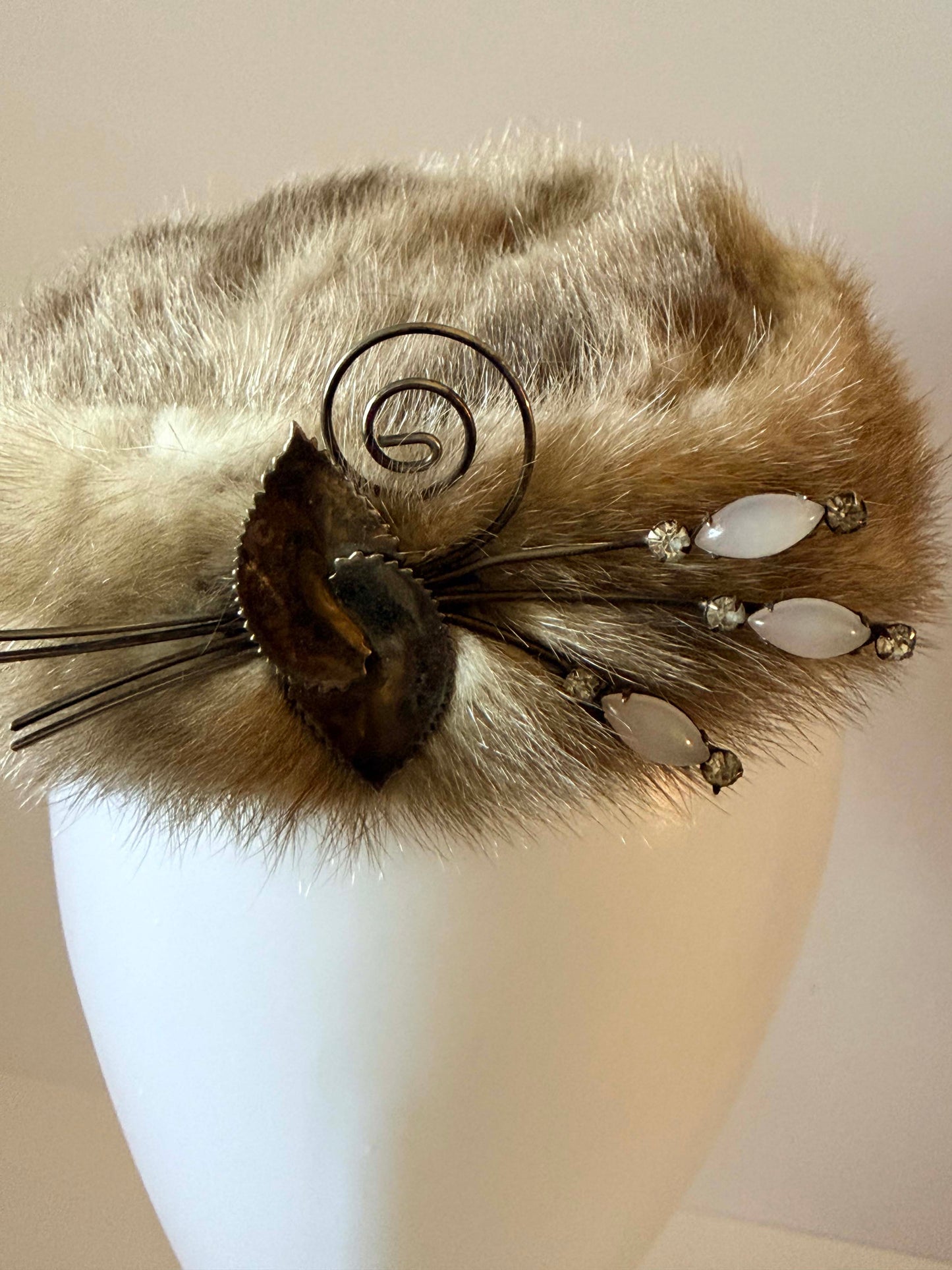 Vintage Mink Fur Pillbox Hat | 1960s Fur Cocktail Hat | Mid Century Winter Hat | Rhinestone Fur Fascinator | Retro Glamour Millinery