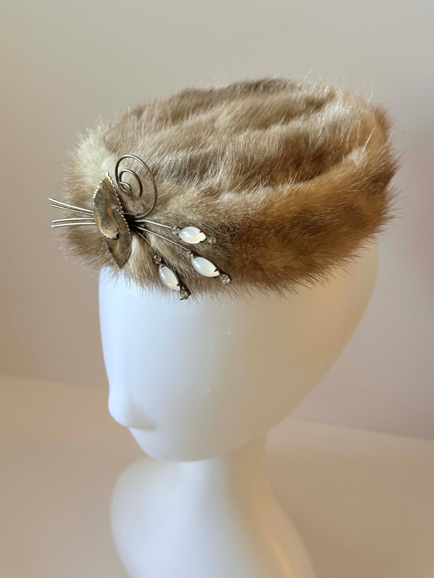 Vintage Mink Fur Pillbox Hat | 1960s Fur Cocktail Hat | Mid Century Winter Hat | Rhinestone Fur Fascinator | Retro Glamour Millinery