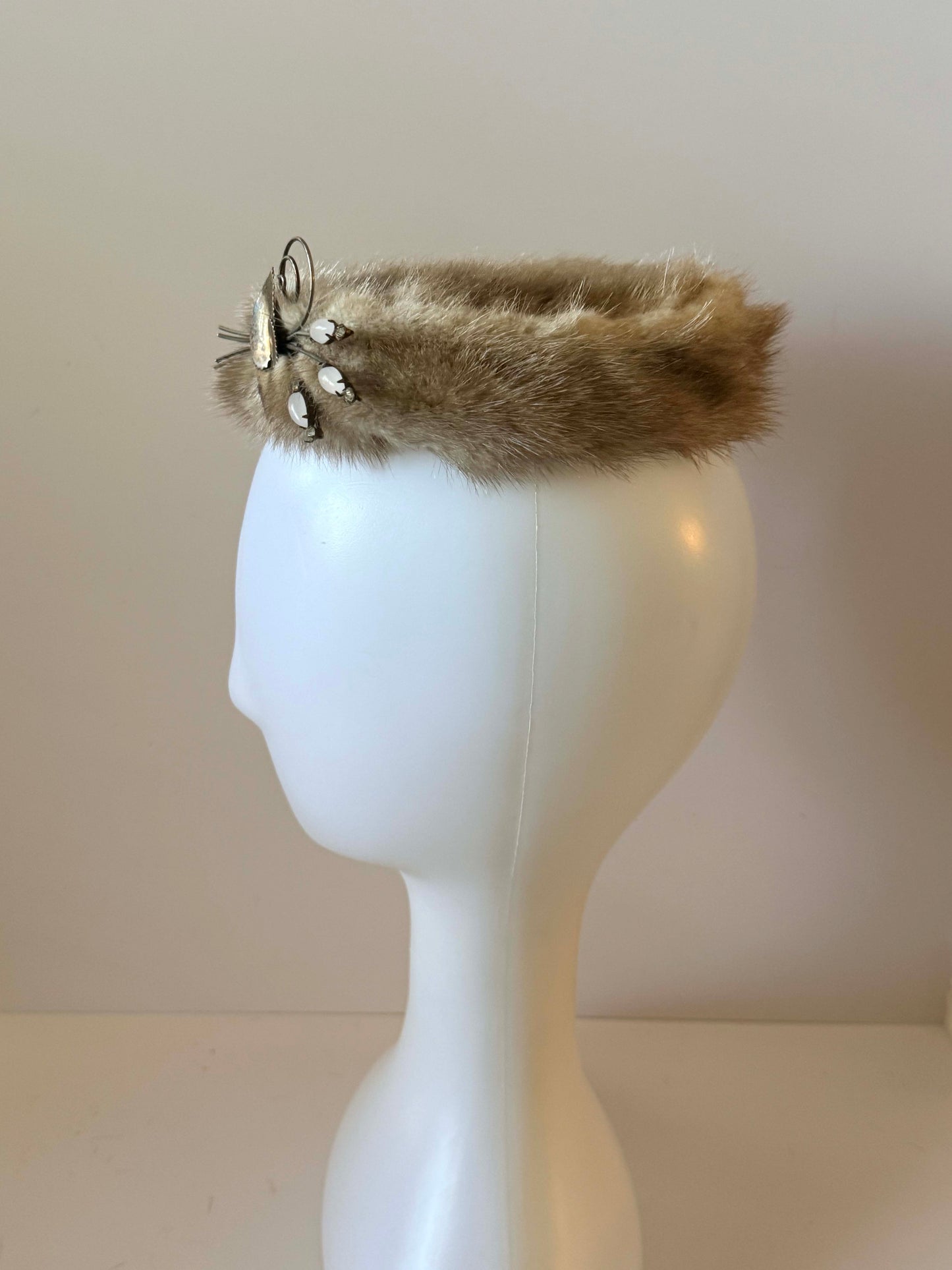 Vintage Mink Fur Pillbox Hat | 1960s Fur Cocktail Hat | Mid Century Winter Hat | Rhinestone Fur Fascinator | Retro Glamour Millinery