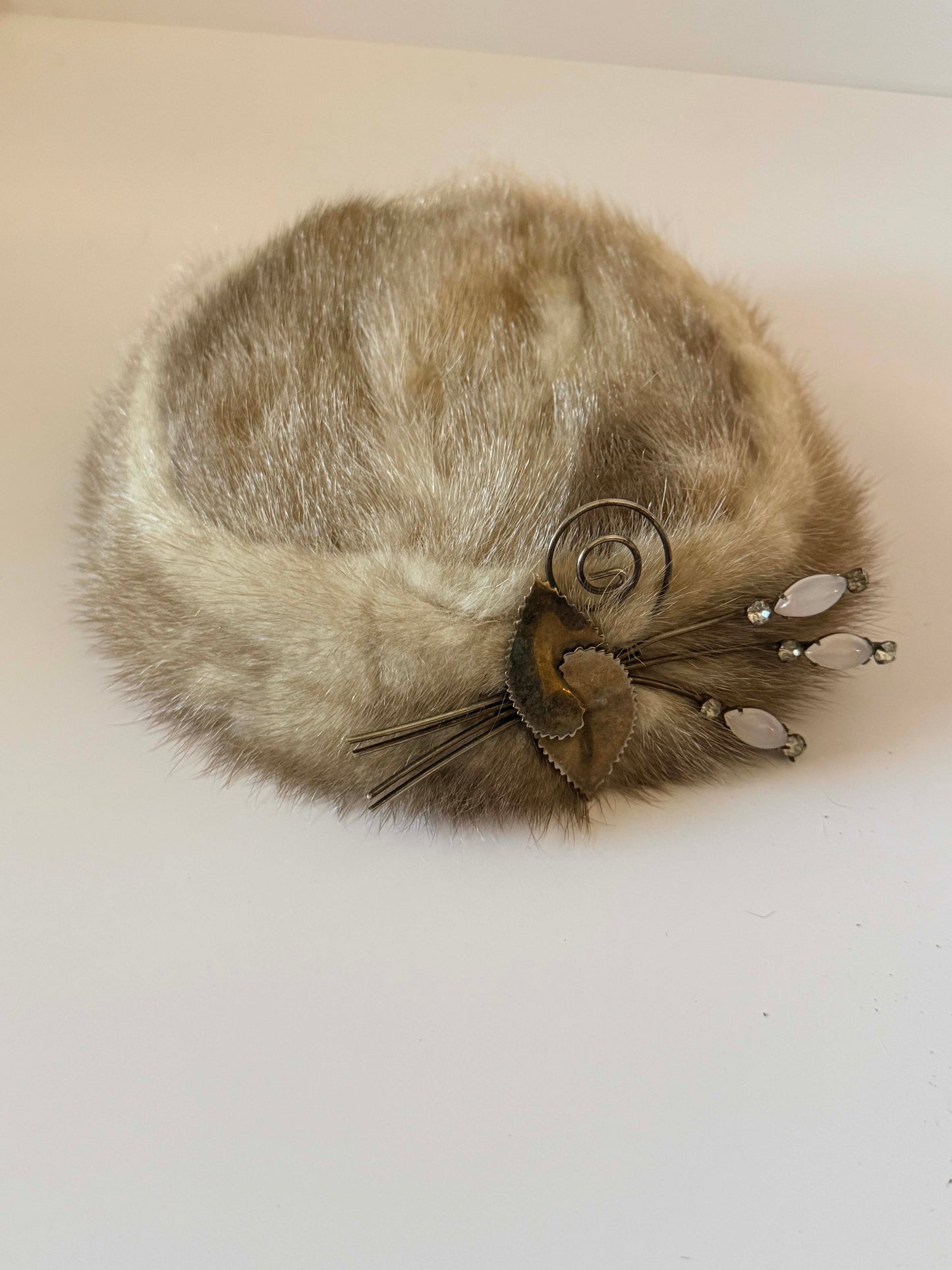 Vintage Mink Fur Pillbox Hat | 1960s Fur Cocktail Hat | Mid Century Winter Hat | Rhinestone Fur Fascinator | Retro Glamour Millinery