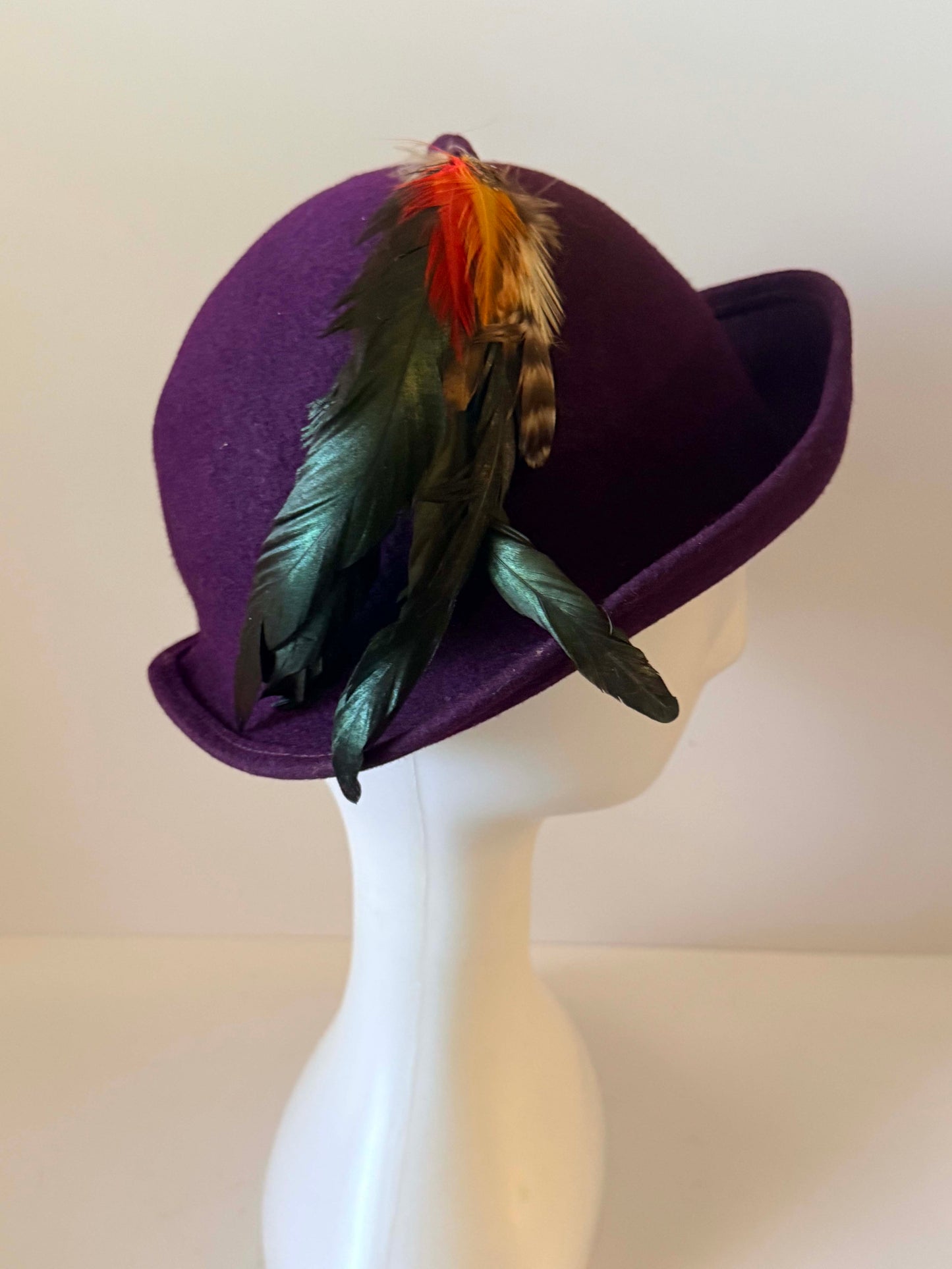 Vintage Purple Wool Felt Cloche Hat | Feather Trim Derby Hat | 1960s Mod Felt Hat | Plum Cocktail Hat | Mid Century Millinery