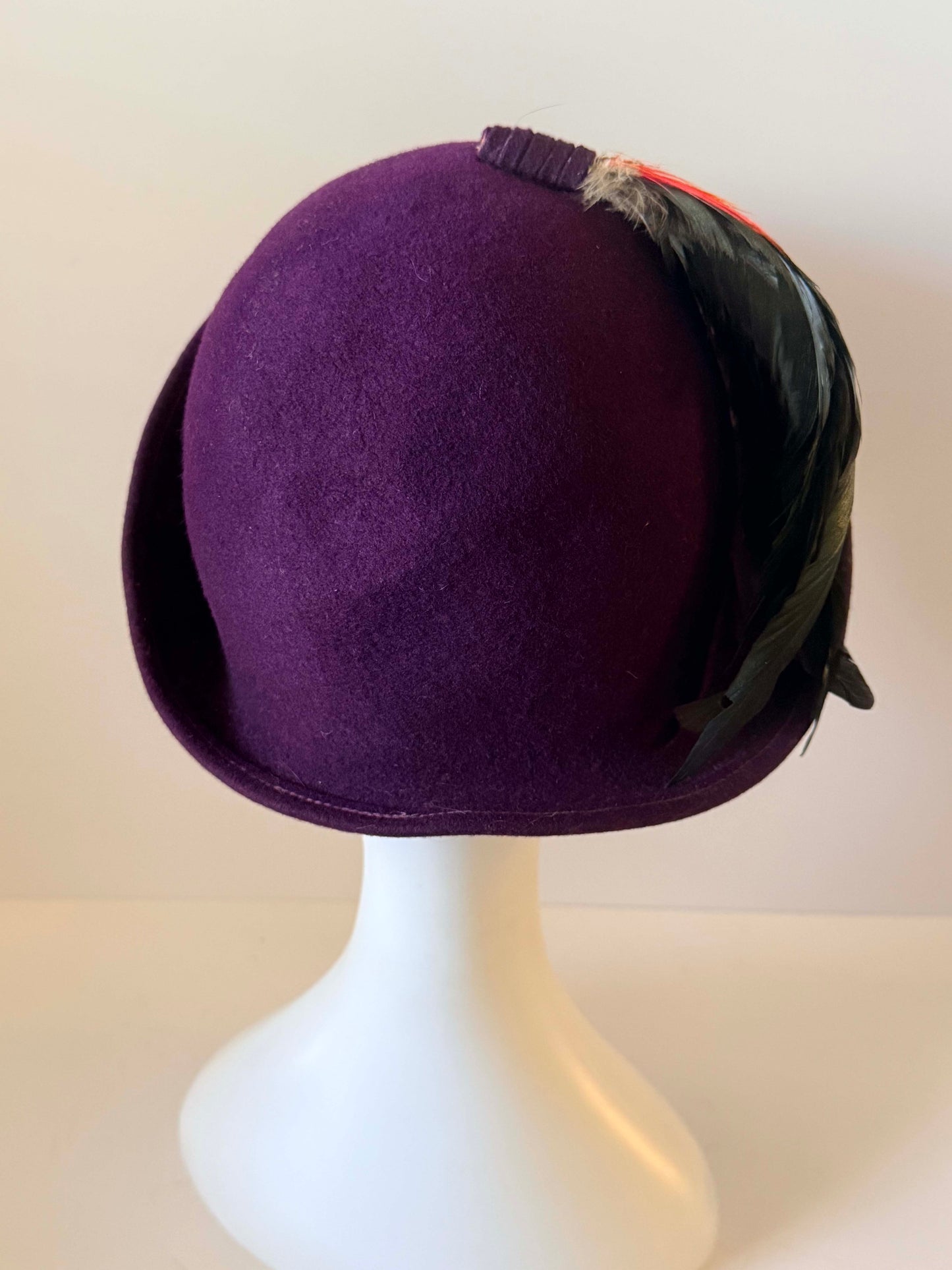 Vintage Purple Wool Felt Cloche Hat | Feather Trim Derby Hat | 1960s Mod Felt Hat | Plum Cocktail Hat | Mid Century Millinery
