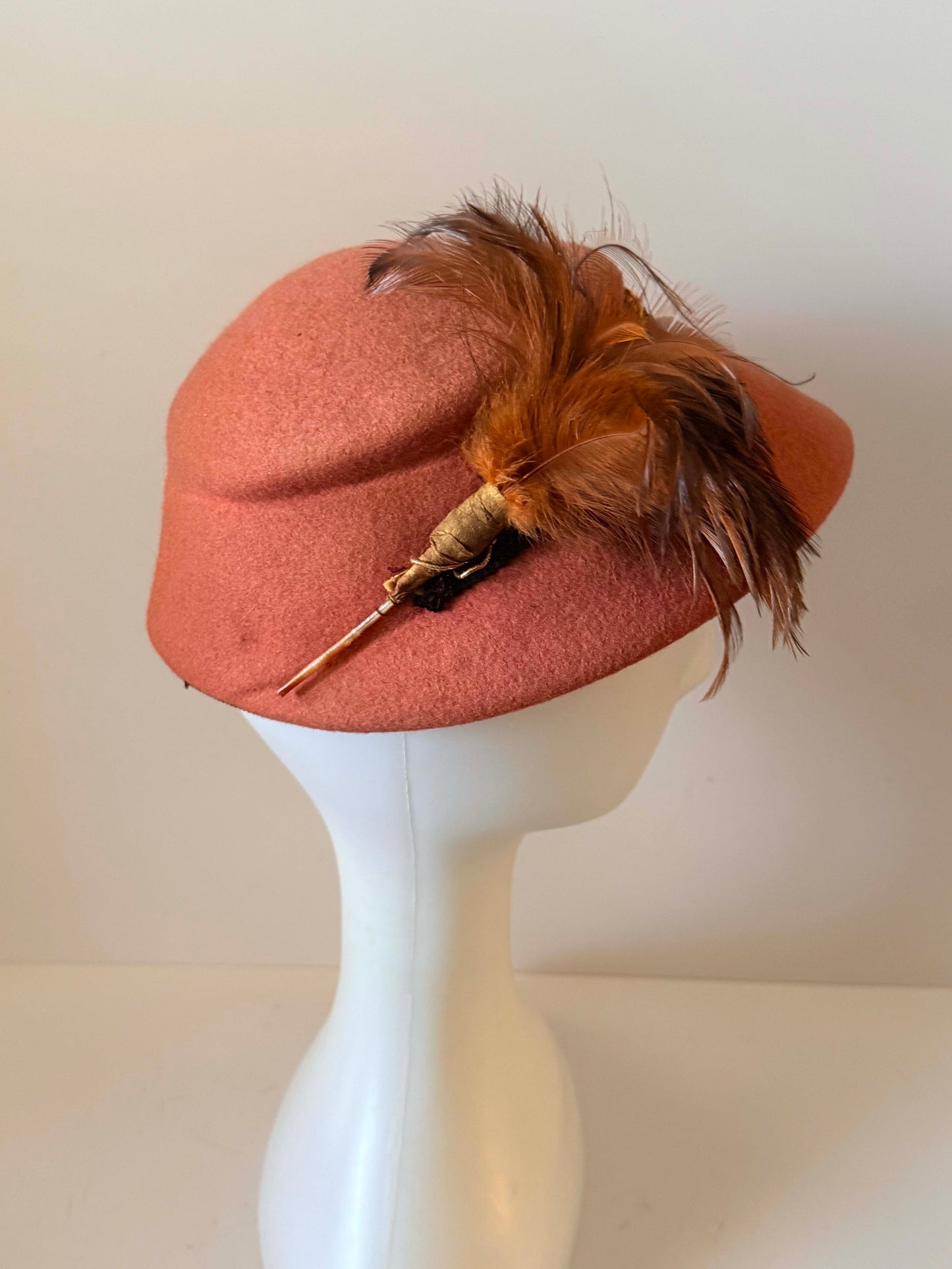 Vintage Rust Orange Felt Cloche Hat | 1960s Feather Cocktail Hat | Mod Wool Felt Hat | Mid Century Fascinator | Autumn Vintage Millinery