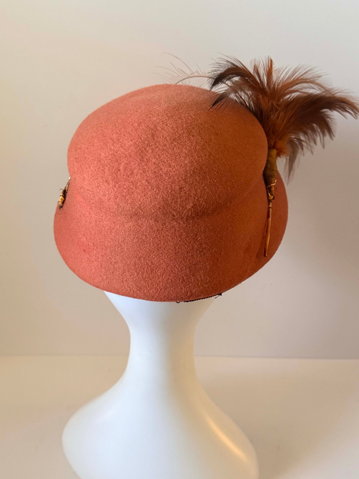 Vintage Rust Orange Felt Cloche Hat | 1960s Feather Cocktail Hat | Mod Wool Felt Hat | Mid Century Fascinator | Autumn Vintage Millinery