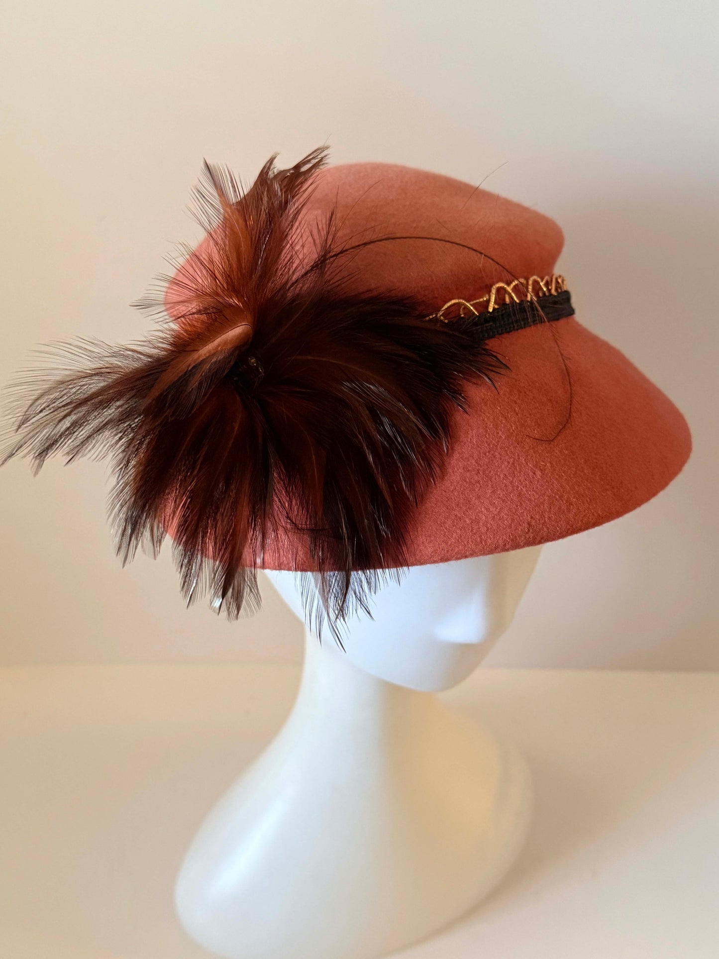 Vintage Rust Orange Felt Cloche Hat | 1960s Feather Cocktail Hat | Mod Wool Felt Hat | Mid Century Fascinator | Autumn Vintage Millinery