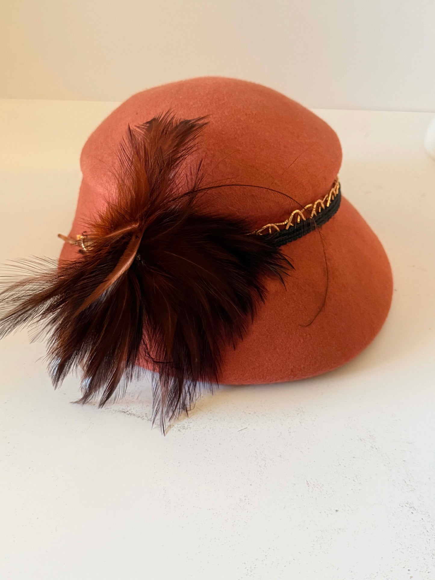 Vintage Rust Orange Felt Cloche Hat | 1960s Feather Cocktail Hat | Mod Wool Felt Hat | Mid Century Fascinator | Autumn Vintage Millinery