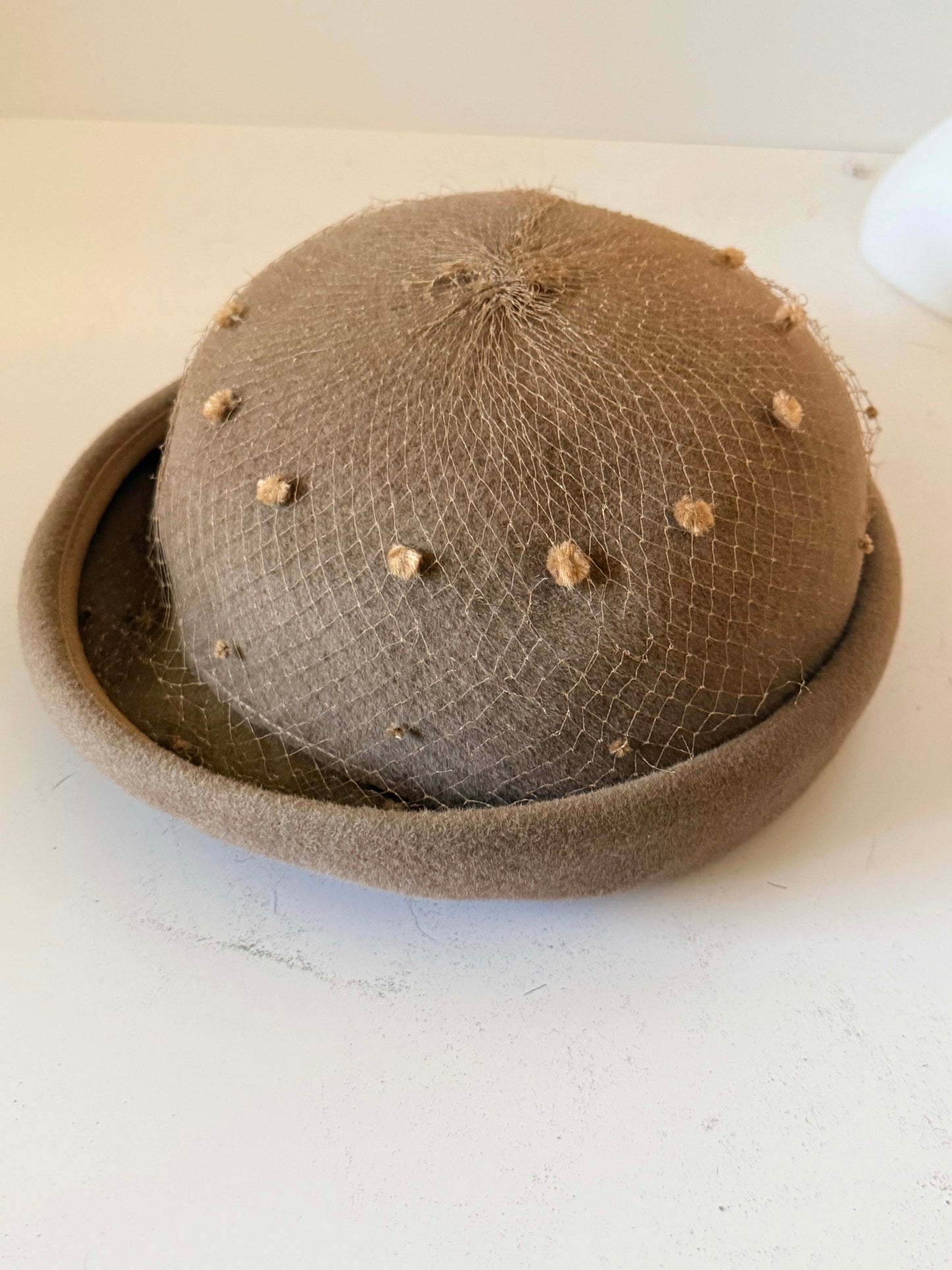 Vintage Flo-Denis Paris New York Hat | Taupe Wool Felt Cloche Hat | 1950s Veiled Cocktail Hat | French Millinery