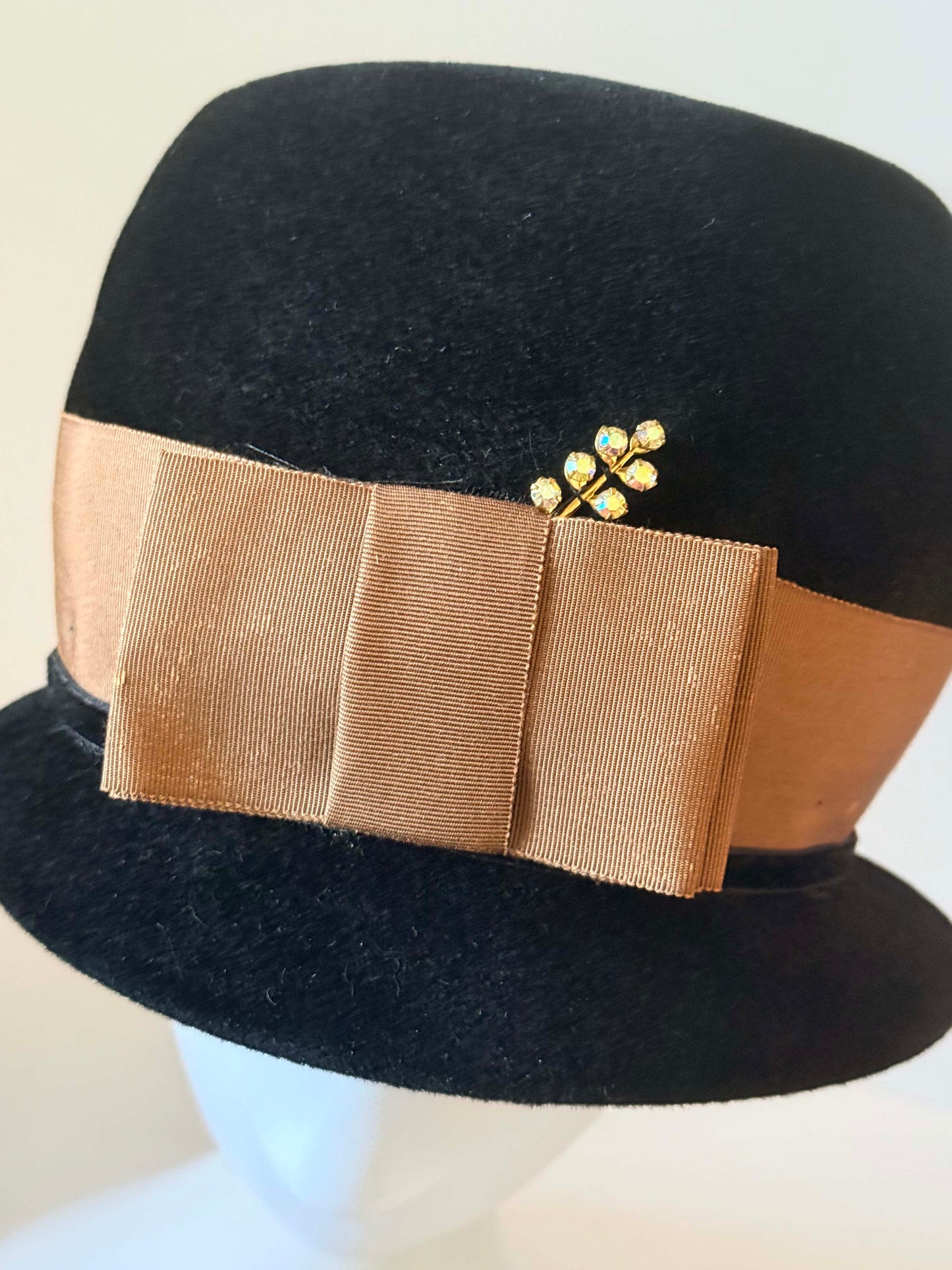 Vintage Roberta Bernays Black Velour Cloche Hat | 1960s Designer Hat | Black Felt Bucket Hat | Mod Cocktail Hat | Rhinestone Accent
