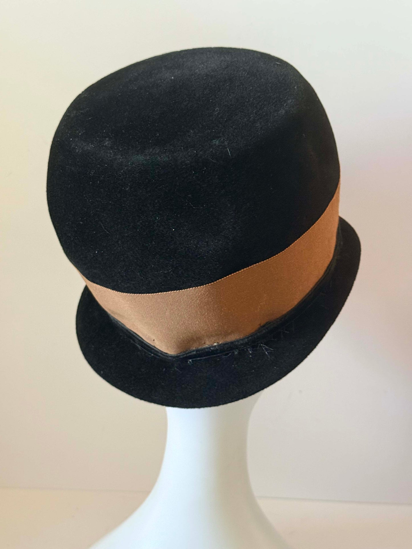 Vintage Roberta Bernays Black Velour Cloche Hat | 1960s Designer Hat | Black Felt Bucket Hat | Mod Cocktail Hat | Rhinestone Accent