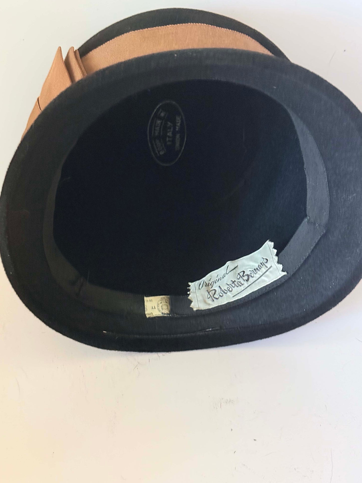 Vintage Roberta Bernays Black Velour Cloche Hat | 1960s Designer Hat | Black Felt Bucket Hat | Mod Cocktail Hat | Rhinestone Accent