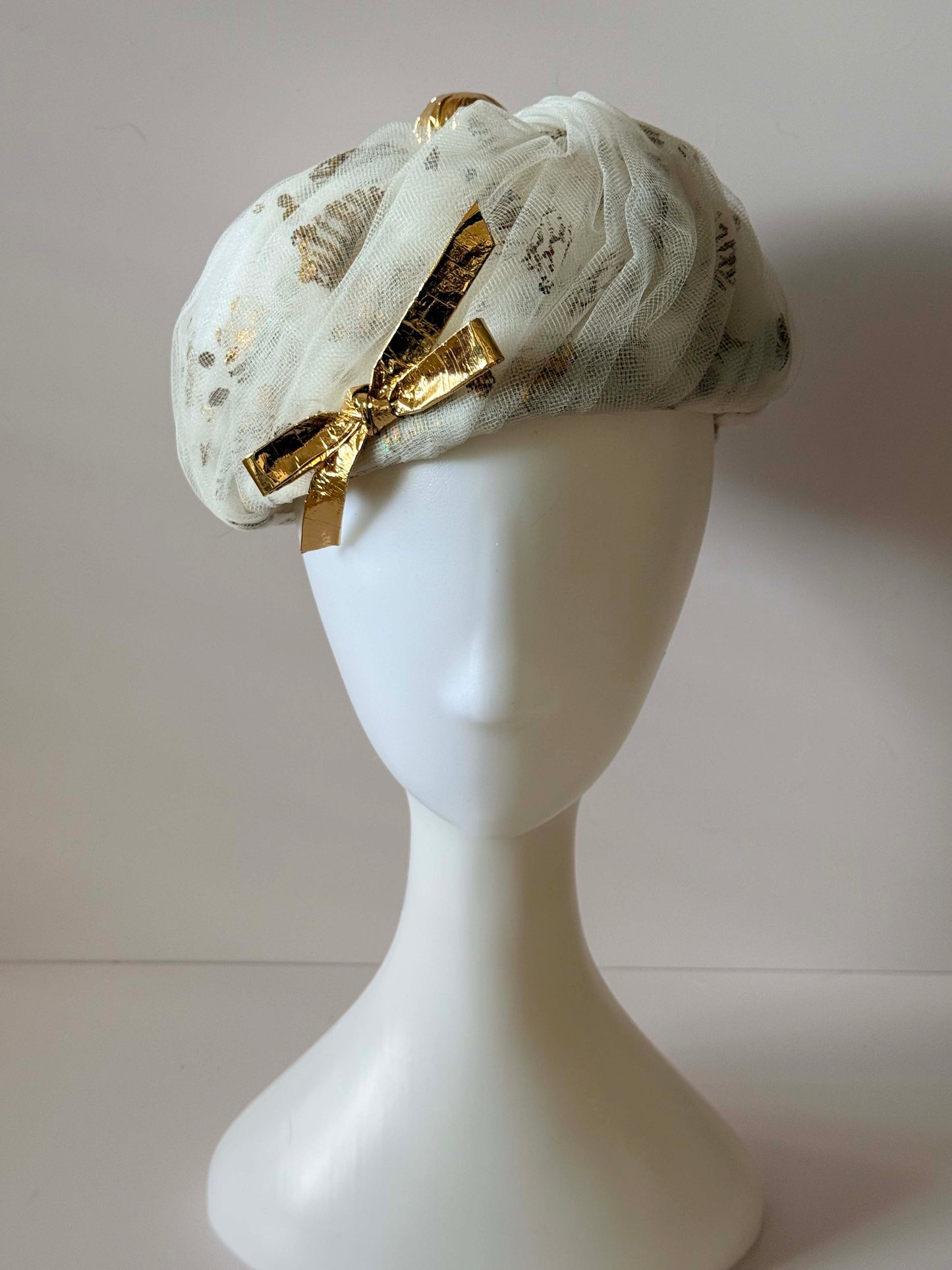 1960s White Tulle & Gold Cocktail Hat | Vintage Mid-Century Elegant French Evening Hat