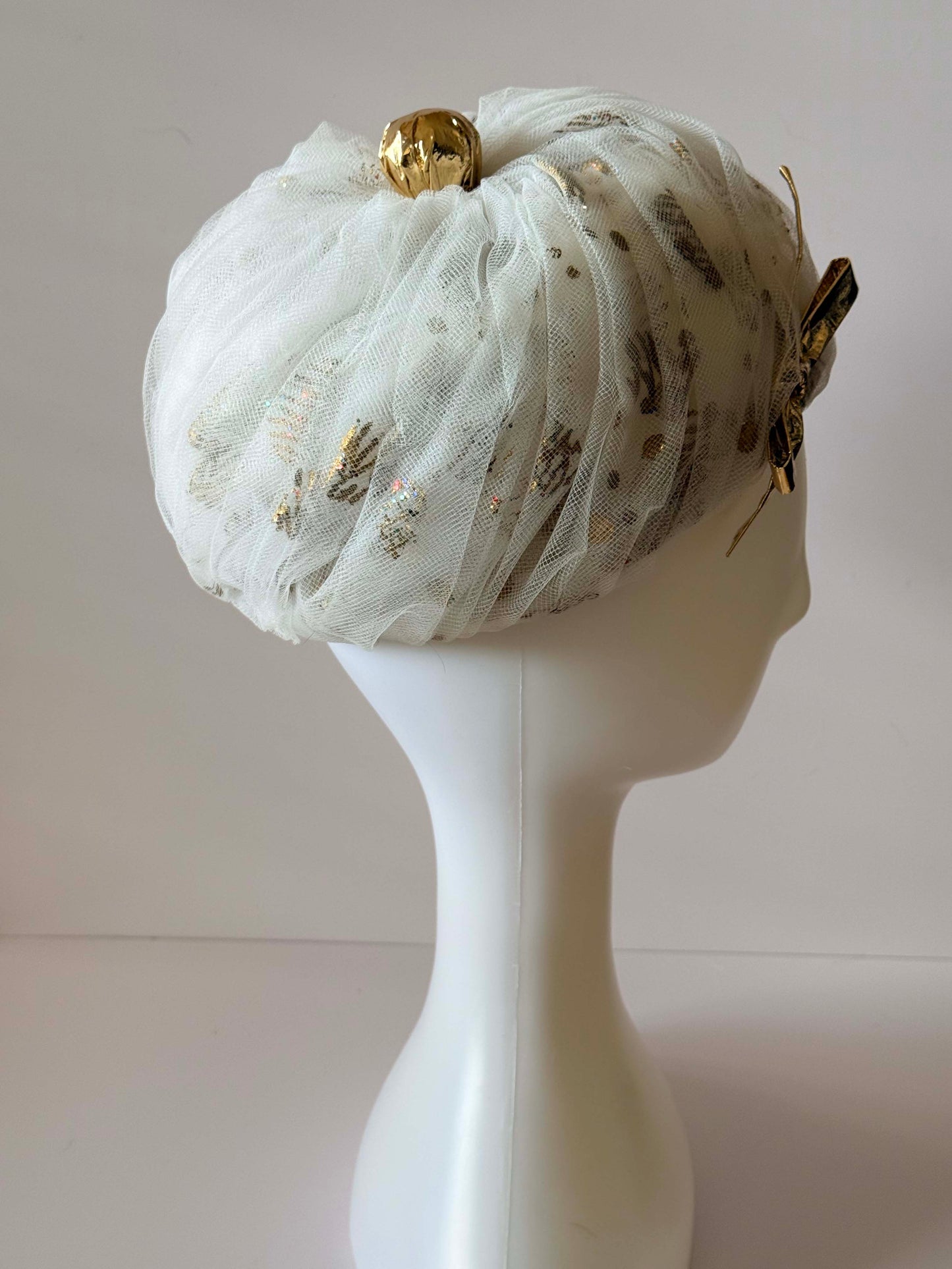 1960s White Tulle & Gold Cocktail Hat | Vintage Mid-Century Elegant French Evening Hat