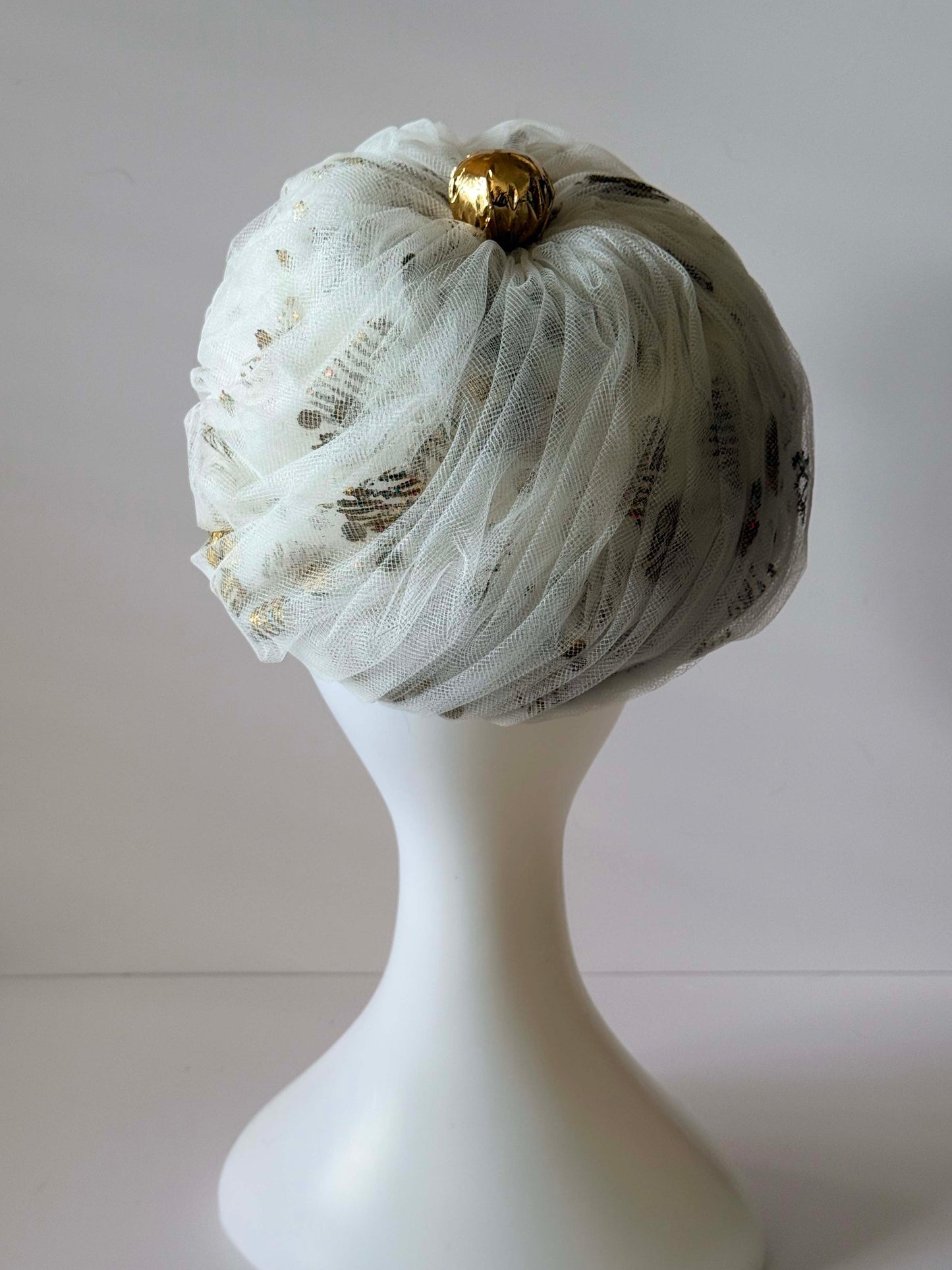 1960s White Tulle & Gold Cocktail Hat | Vintage Mid-Century Elegant French Evening Hat