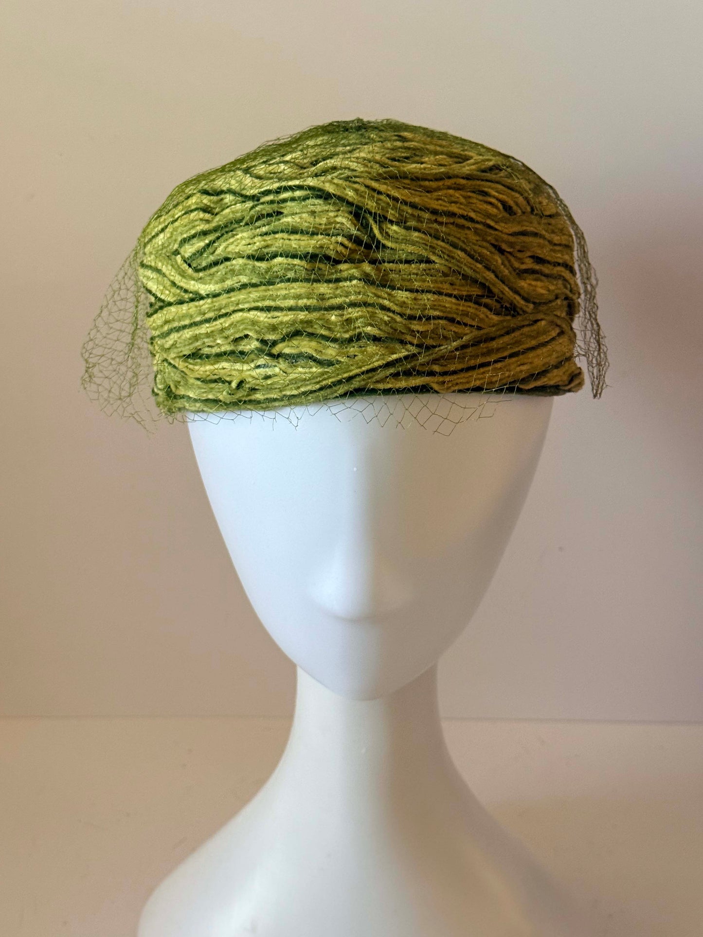 Vintage Green Textured Pillbox Hat | Avant Garde Fiber Hat | 1960s Mod Veiled Hat | Sculptural Olive Green Cocktail Hat | Art Millinery Headpiece