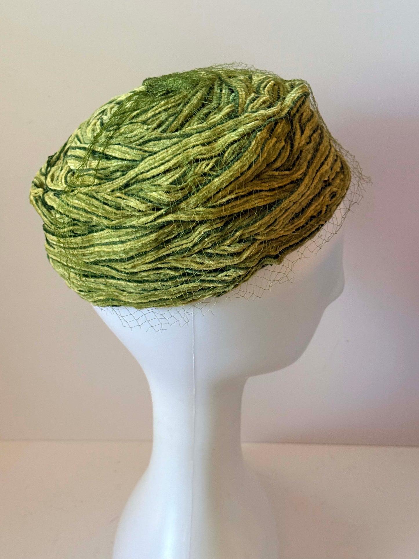 Vintage Green Textured Pillbox Hat | Avant Garde Fiber Hat | 1960s Mod Veiled Hat | Sculptural Olive Green Cocktail Hat | Art Millinery Headpiece