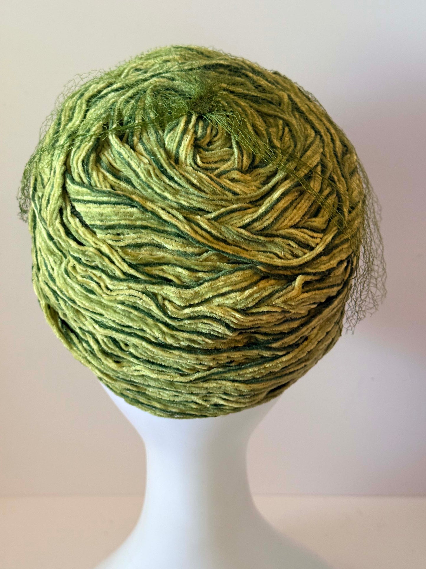 Vintage Green Textured Pillbox Hat | Avant Garde Fiber Hat | 1960s Mod Veiled Hat | Sculptural Olive Green Cocktail Hat | Art Millinery Headpiece