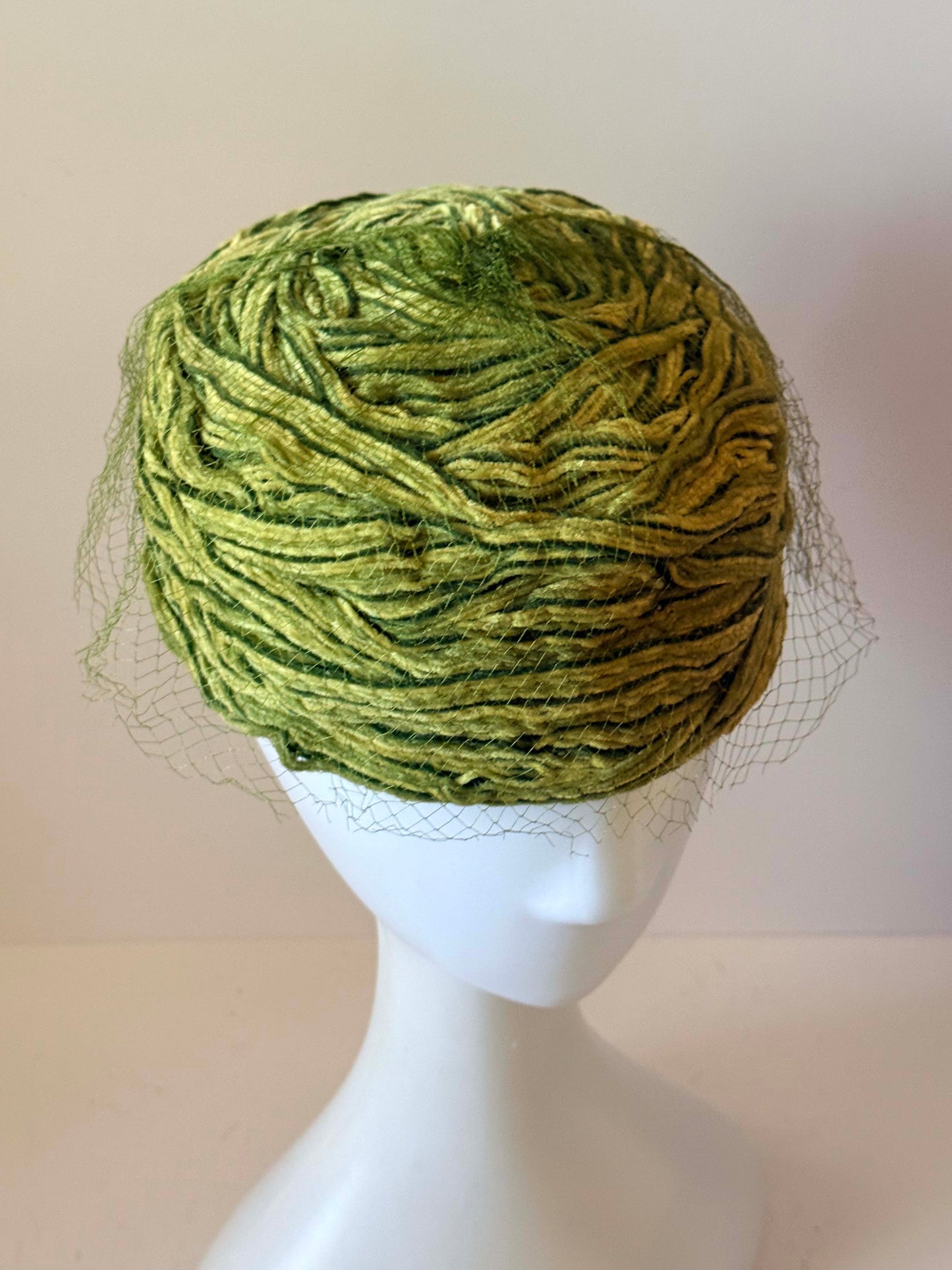 Vintage Green Textured Pillbox Hat | Avant Garde Fiber Hat | 1960s Mod Veiled Hat | Sculptural Olive Green Cocktail Hat | Art Millinery Headpiece