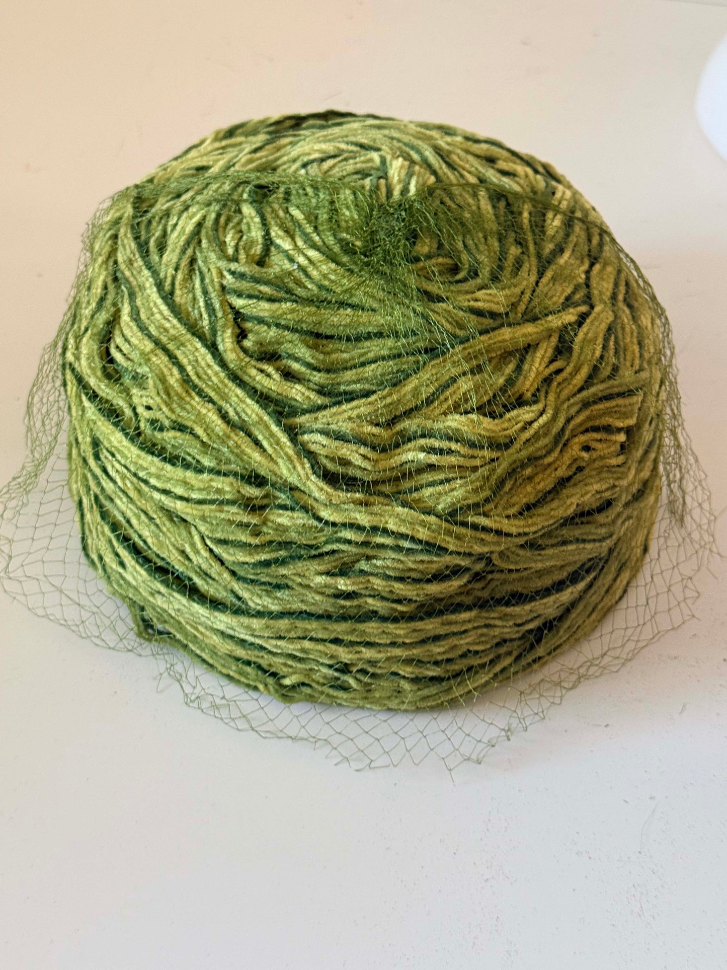 Vintage Green Textured Pillbox Hat | Avant Garde Fiber Hat | 1960s Mod Veiled Hat | Sculptural Olive Green Cocktail Hat | Art Millinery Headpiece
