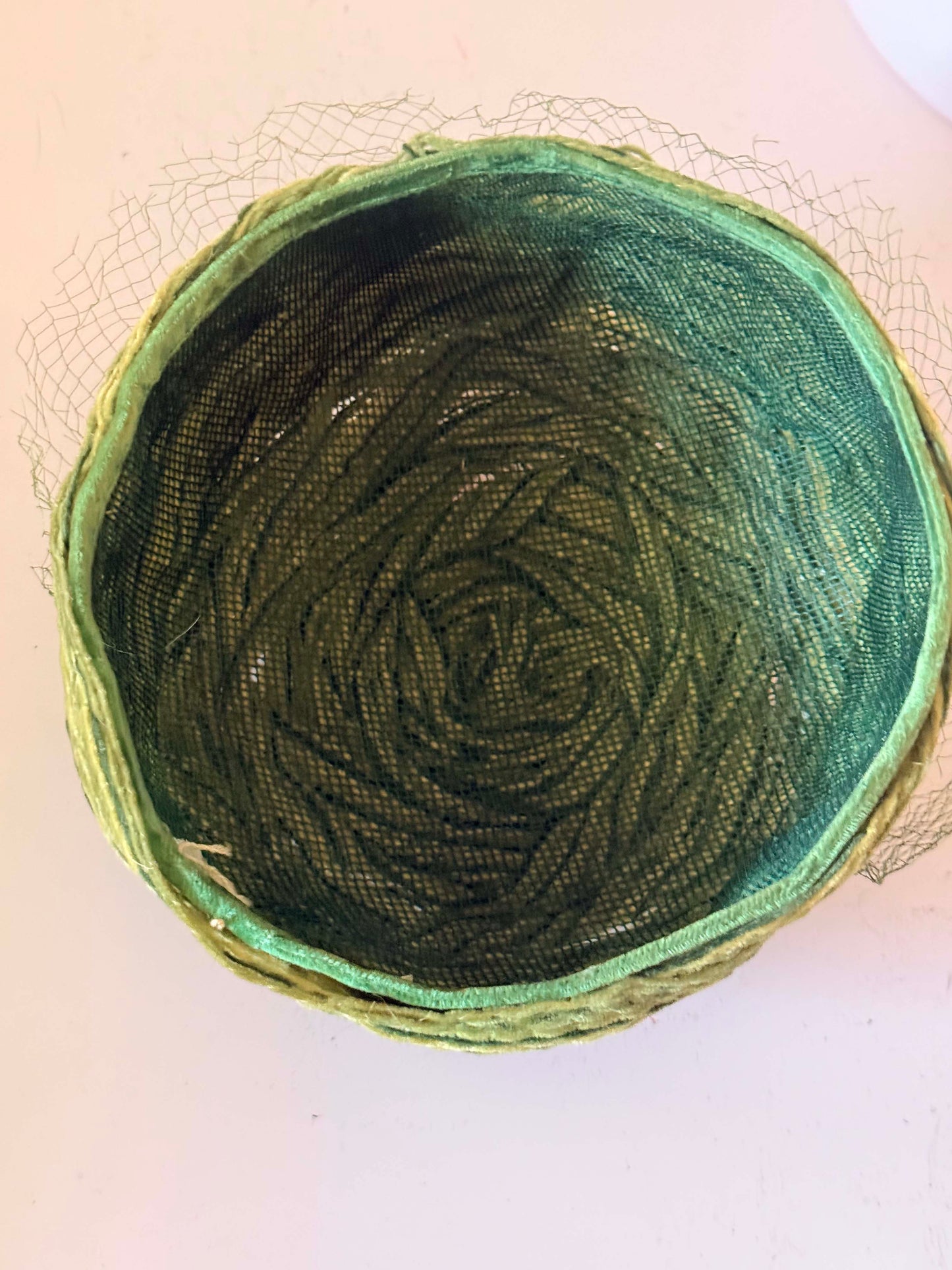 Vintage Green Textured Pillbox Hat | Avant Garde Fiber Hat | 1960s Mod Veiled Hat | Sculptural Olive Green Cocktail Hat | Art Millinery Headpiece