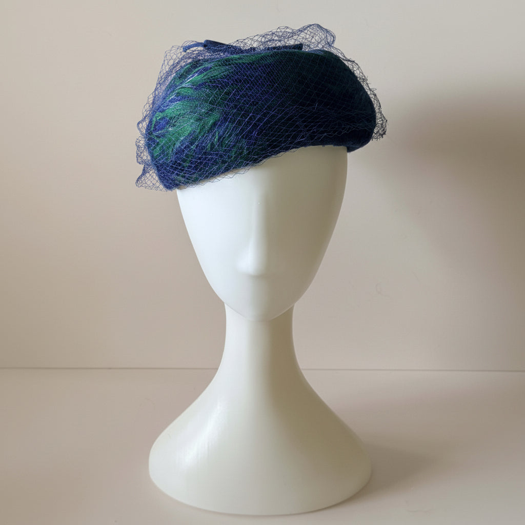 1940s–1960s Linda Anne Showgirl Feather Hat | Vintage Blue & Green Satin and Net Cocktail Headpiece